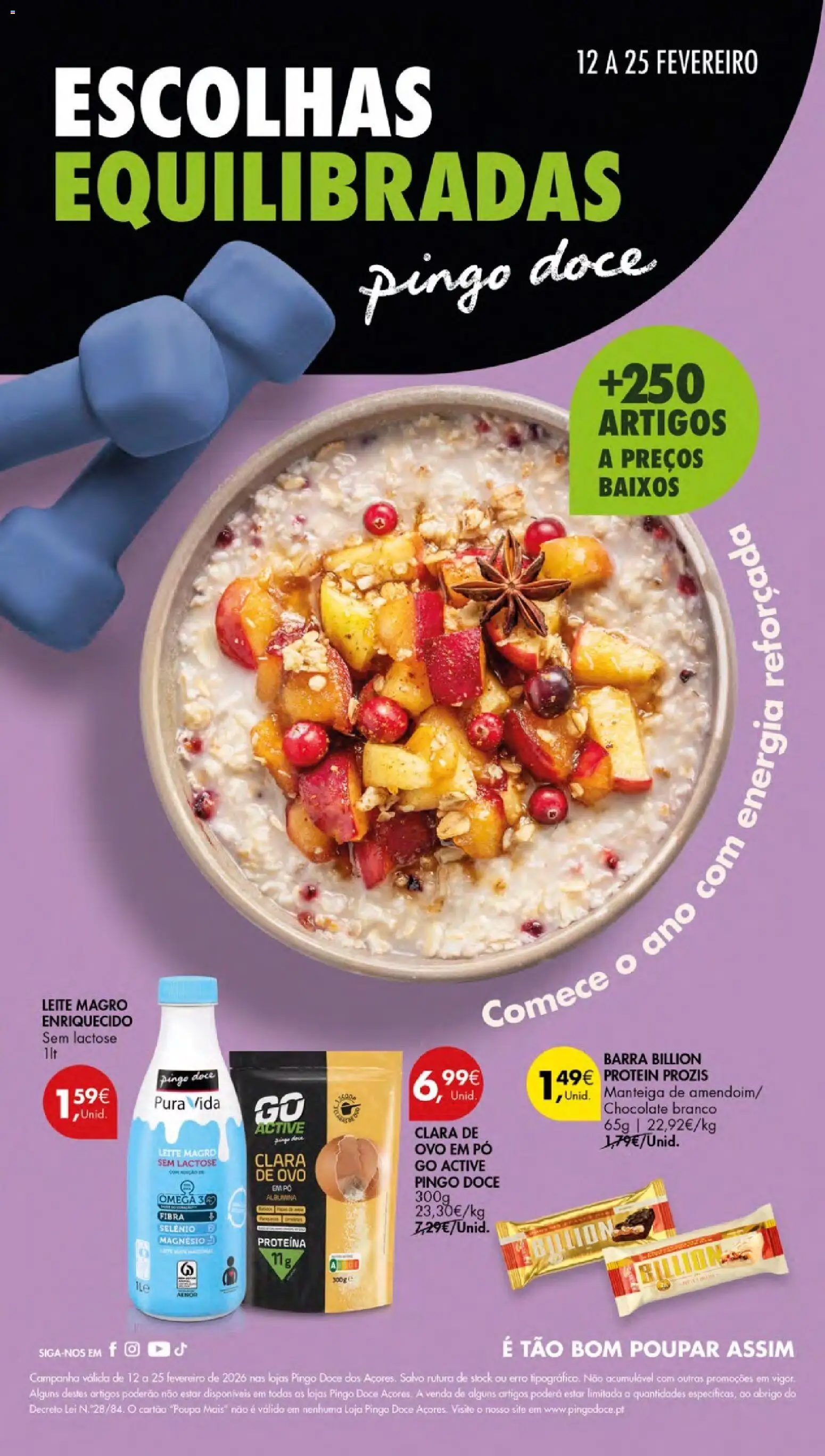 Pingo Doce - Escolhas Equilibradas Açores │ válido de 12.02.2026 | Página: 1 | Produtos: Ômega 3, Leite, Chocolate, Proteina