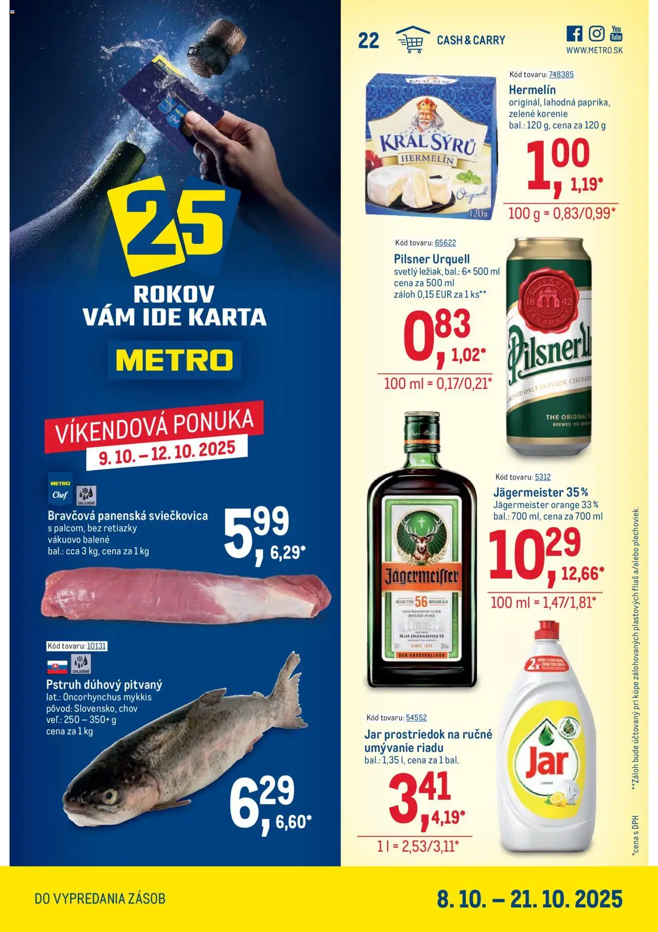 Nové Metro akcie – leták je platný od 08.10.2025 | Strana: 1 | Produkty: Pilsner Urquell, Pstruh, Korenie, Jar