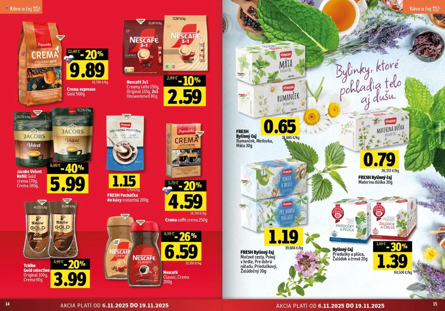 Nové Fresh akcie – leták je platný od 06.11.2025 | Strana: 8 | Produkty: Jacobs Velvet, Káva, Čaj
