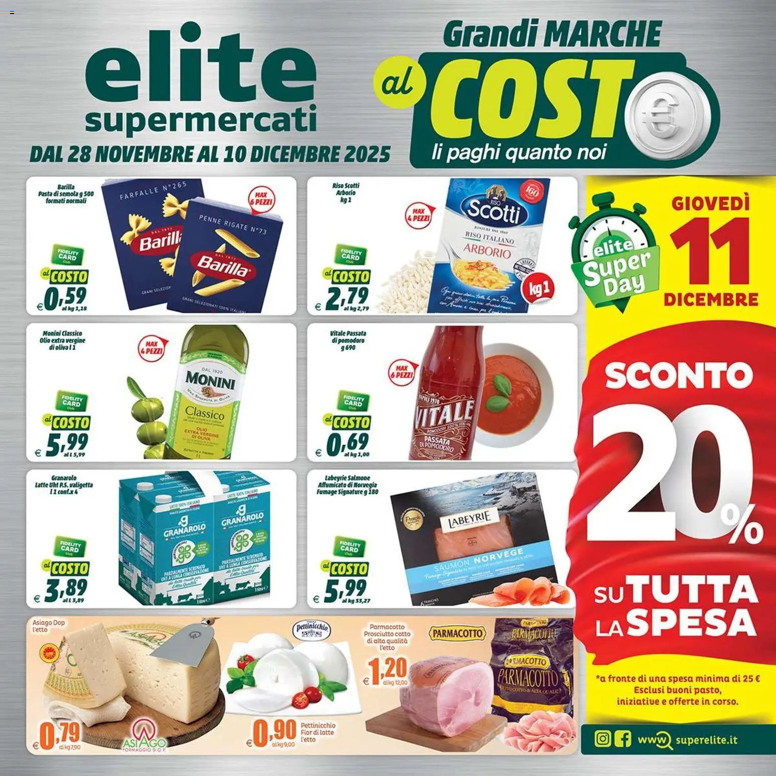 Volantino Elite Supermercati del 28.11.2025 | Pagina: 1 | Prodotti: Prosciutto Cotto, Salmone, Olio extra vergine, Valigetta