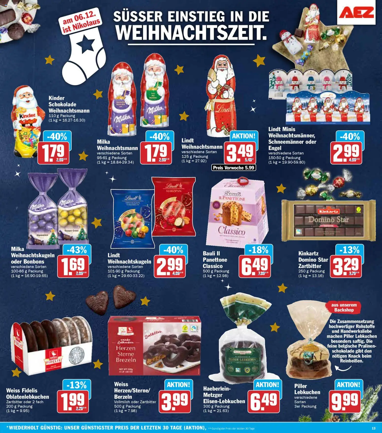 AEZ Prospekt 	 – gültig ab 01.12.2025 | Seite: 13 | Produkte: Kinder schokolade, Schokolade, Milka, Lindt