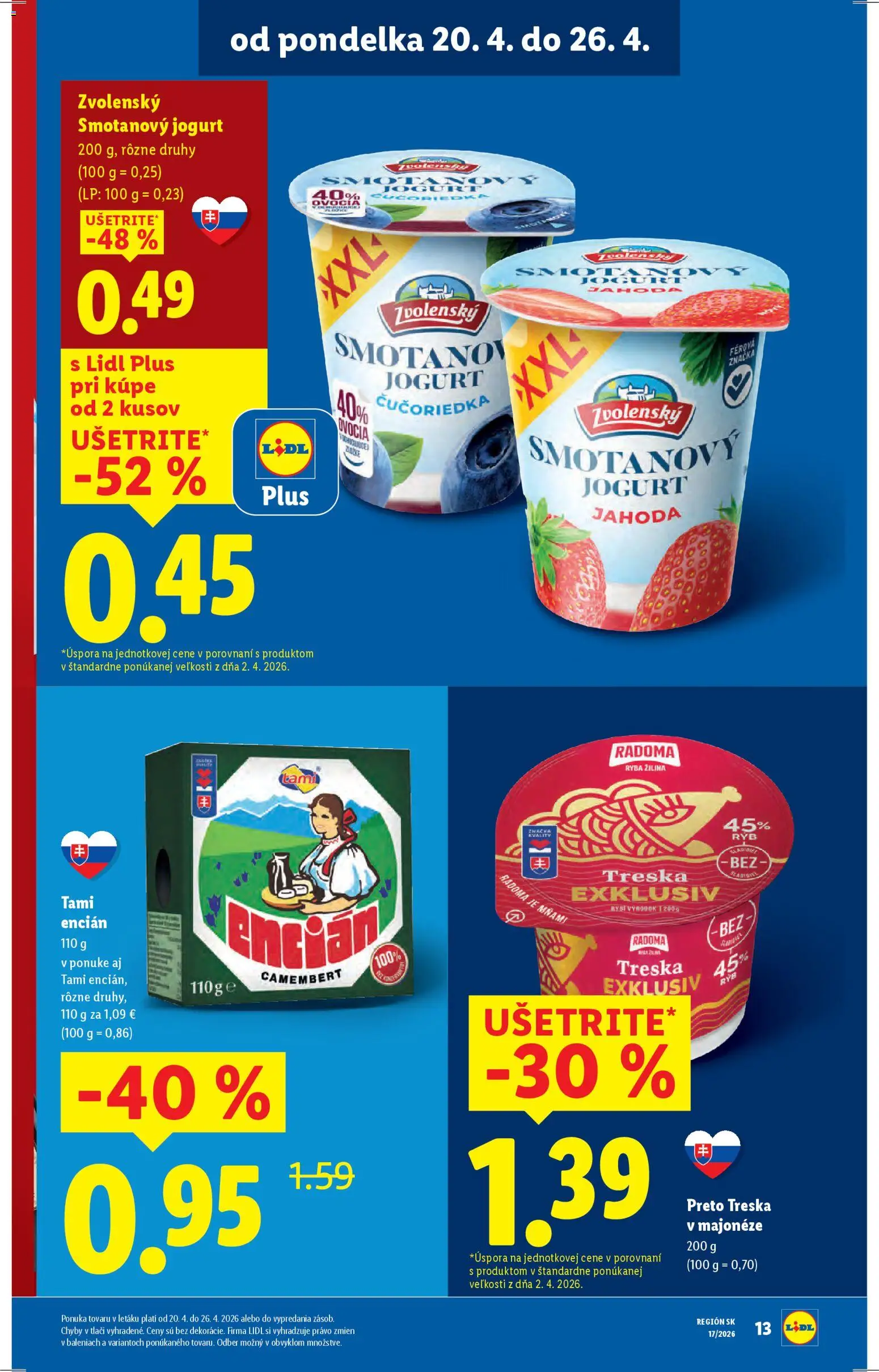 Nové Lidl akcie – leták je platný od 20.04.2026 | Strana: 13 | Produkty: Jogurt, Ryba, Encián, Treska