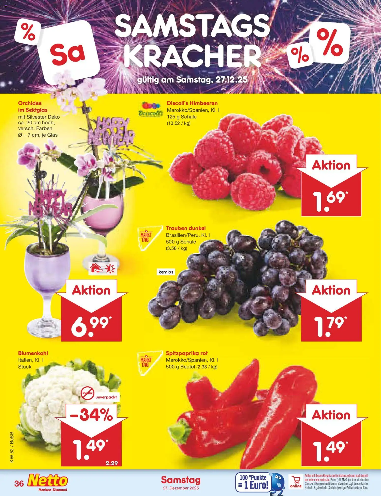 Netto Marken-Discount Prospekt 	 – gültig ab 22.12.2025 | Seite: 40 | Produkte: Himbeeren, Trauben, Orchidee, Blumenkohl