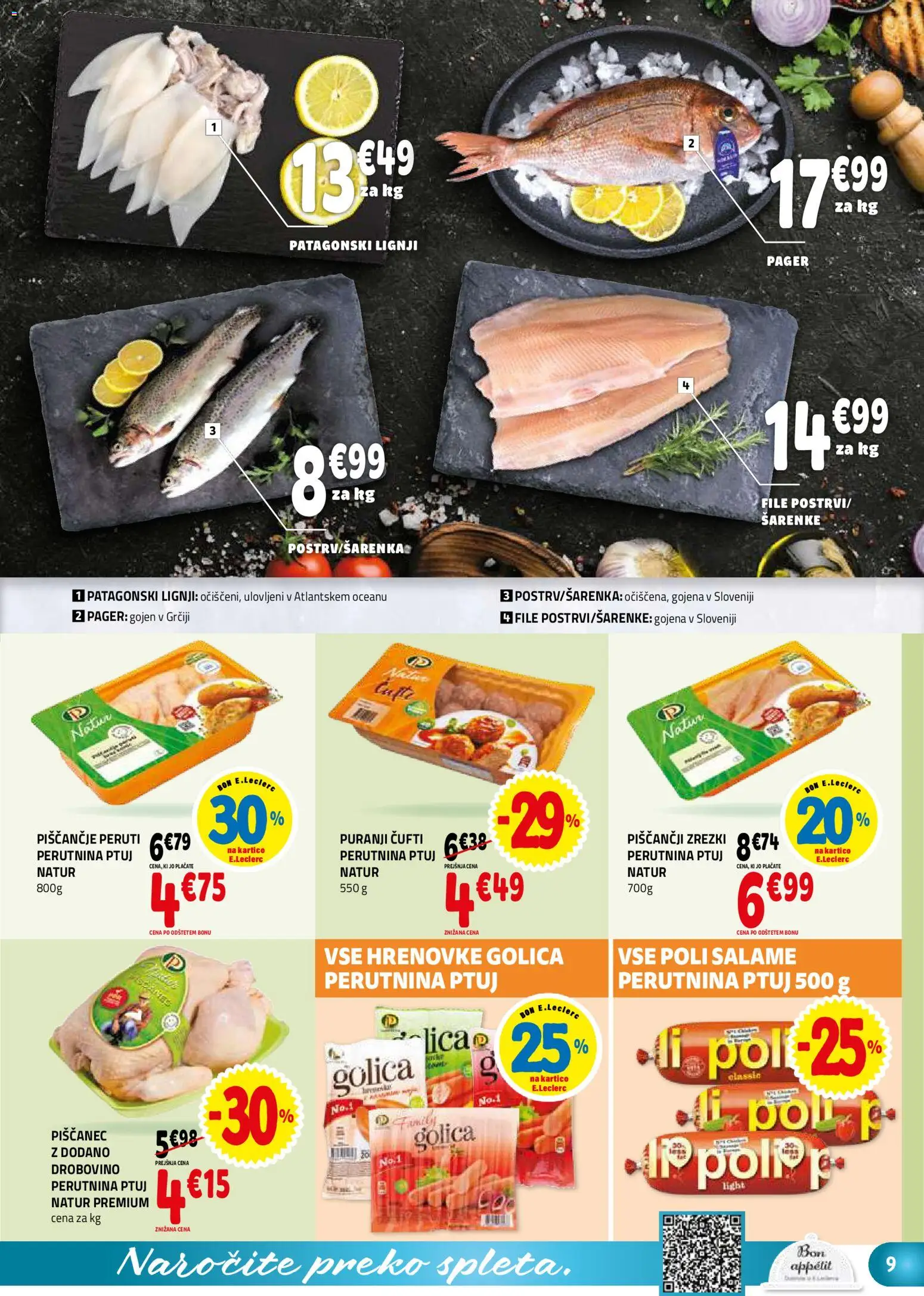 Novi E.leclerc katalog ponudbe – veljaven od 21.01.2026 | Stran: 9 | Izdelki: Hrenovke, Lignji, Zrezki