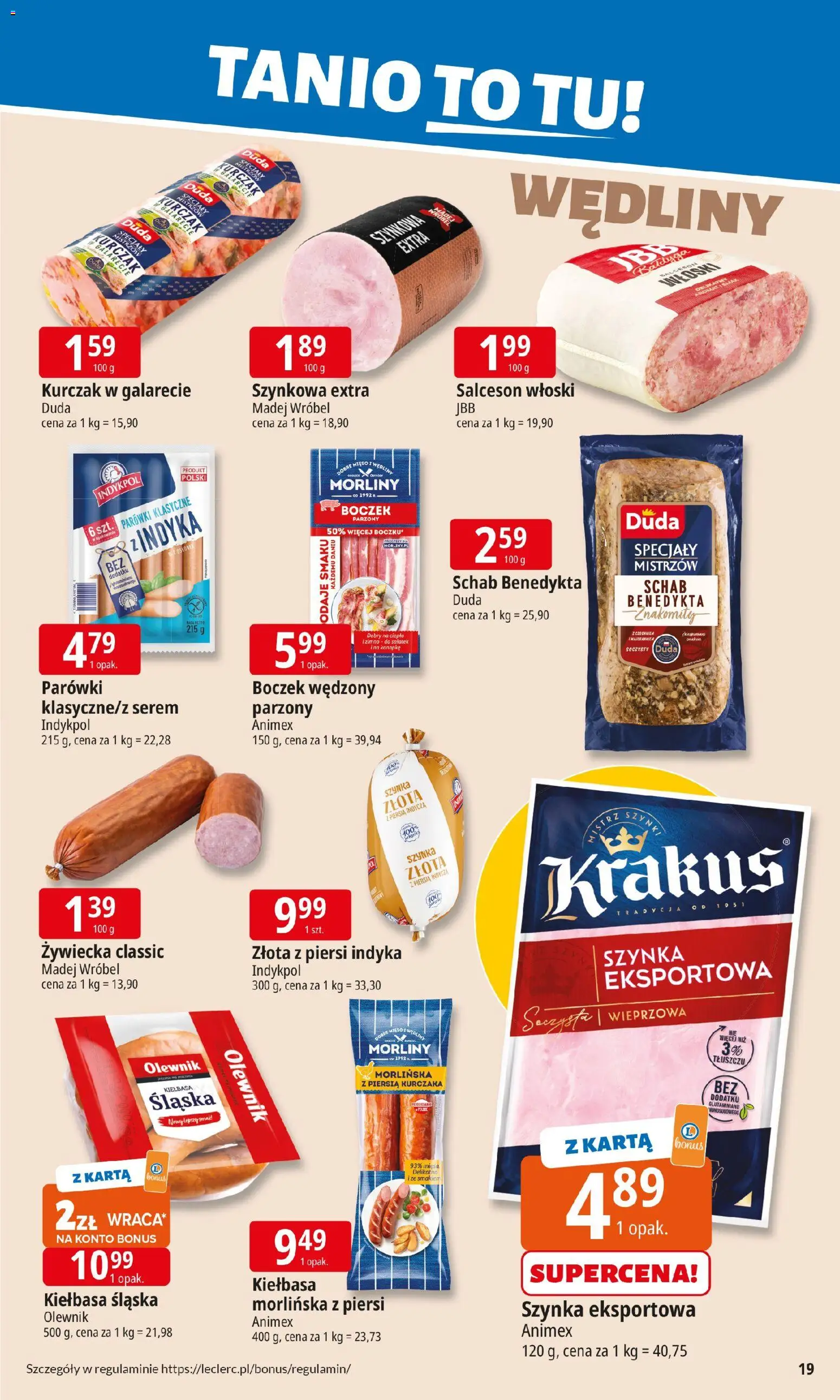 E.Leclerc Gazetka - Tychy od 19.01.2026 | Strona: 19 | Produkty: Kiełbasa, Kurczak, Parówki, Szynka