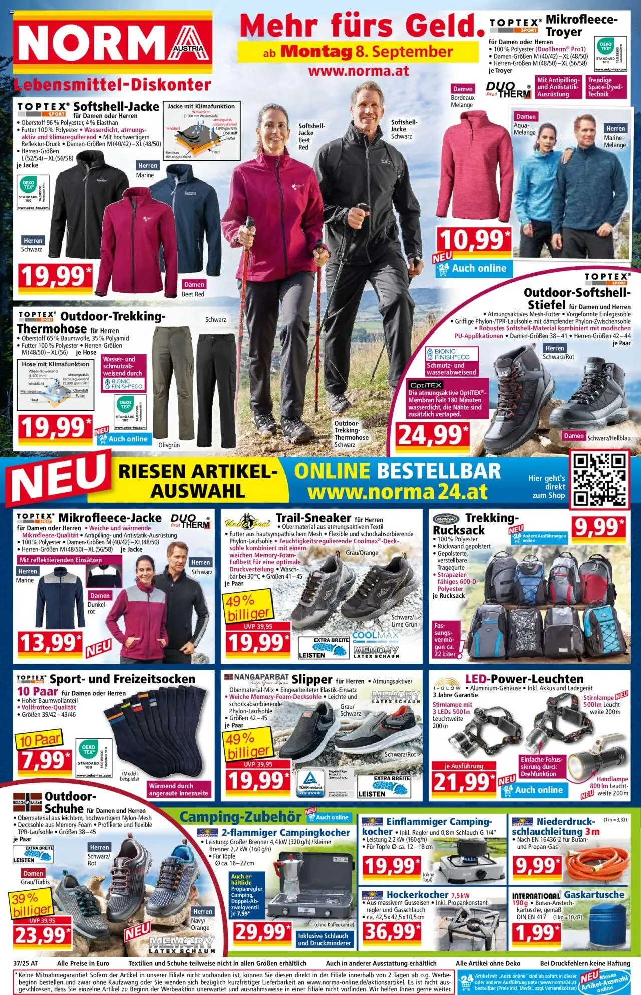 Norma Flugblatt gültig ab 08.09.2025 | Seite: 1 | Produkte: Wasser, Stiefel, Rucksack, Butter