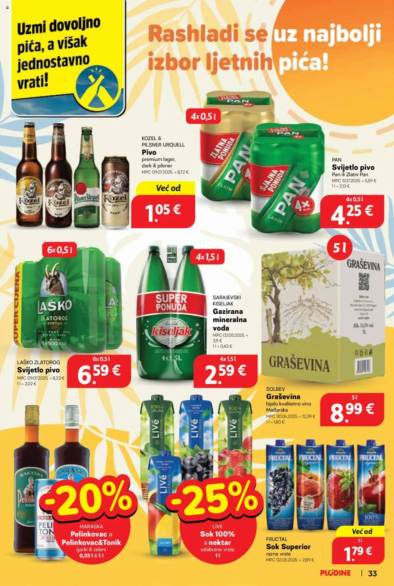 Plodine katalog | vrijedi od 13.08.2025 | Stranica: 33 | Proizvodi: Kozel, Sok, Pivo, Zlatni Pan