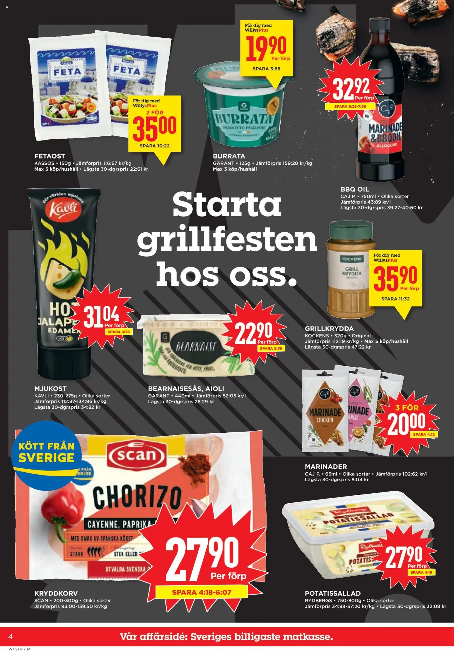 Willys reklamblad aktuell från 20.04.2026 | Sida: 4 | Produkter: Grill, Potatissallad, Aioli, Mjukost