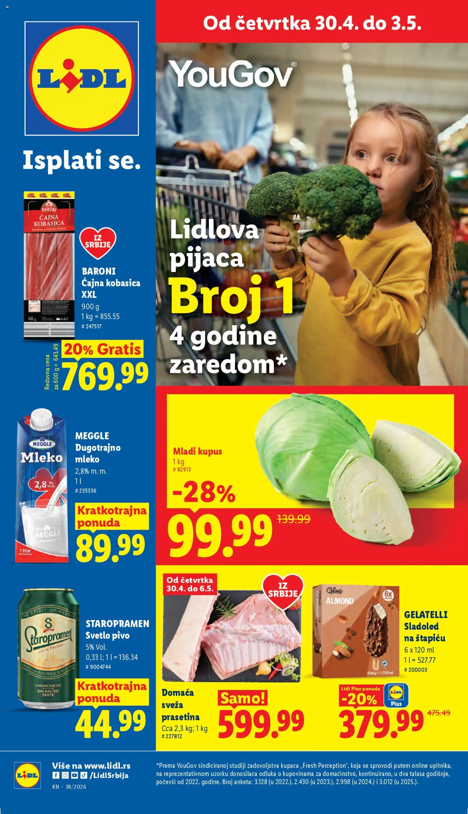 Lidl katalog - važi od 30.04.2026 | Strana: 1 | Proizvode: Sladoled, Dugotrajno mleko, Kupus, Kobasica
