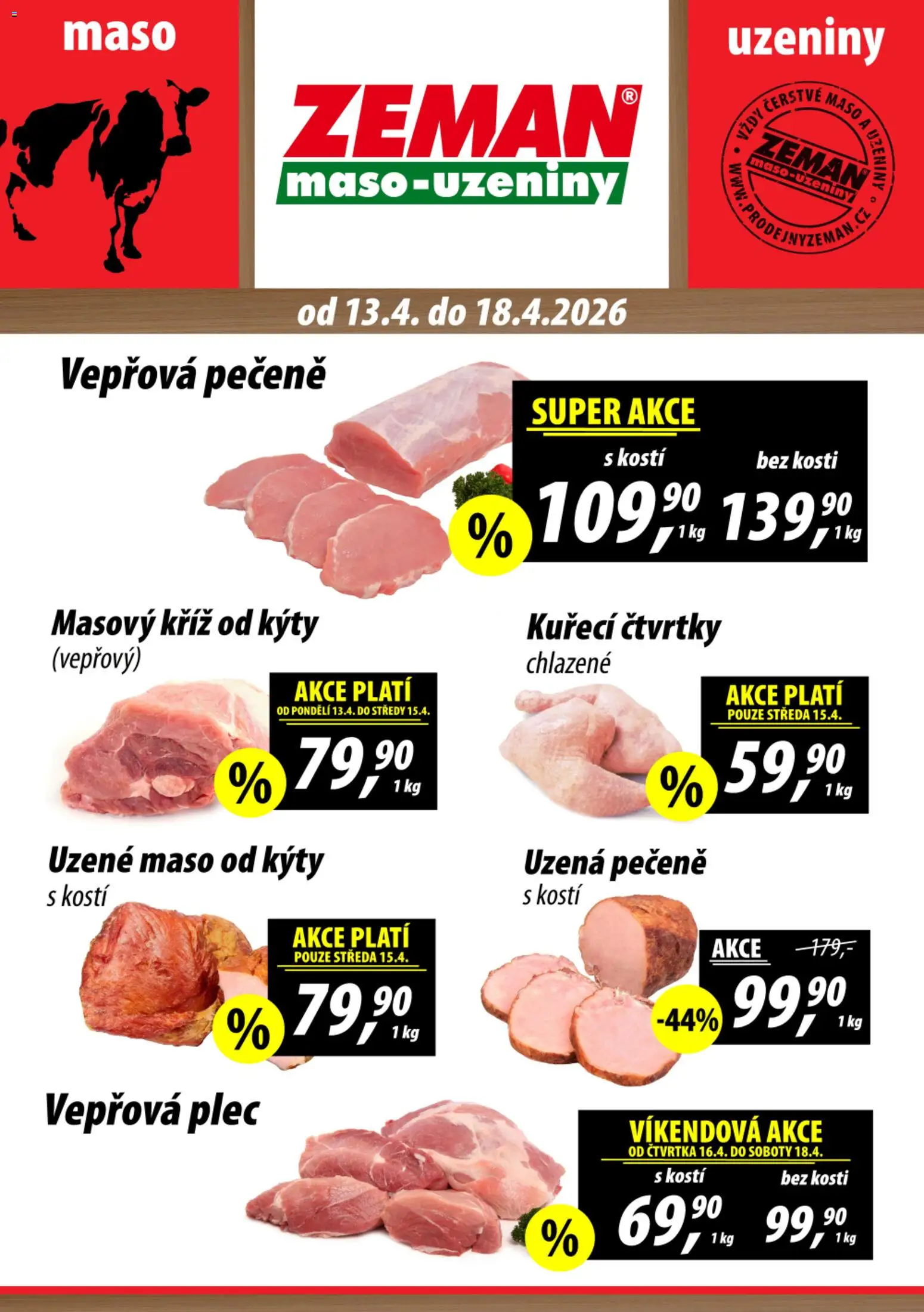 Prodejny Zeman leták od 13.04.2026 | Strana: 1 | Produkty: Vepřová pečeně, Kuřecí čtvrtky, Maso, Vepřová plec