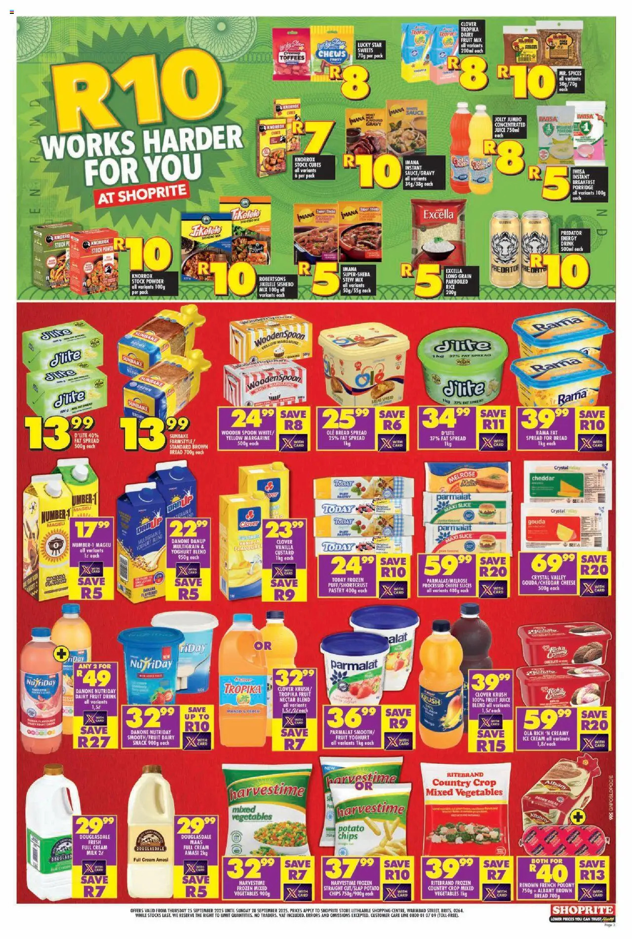 New Shoprite catalogue – valid from 25.09.2025 | Page: 3 | Products: Cheese, Juice, Powder, Ice cream