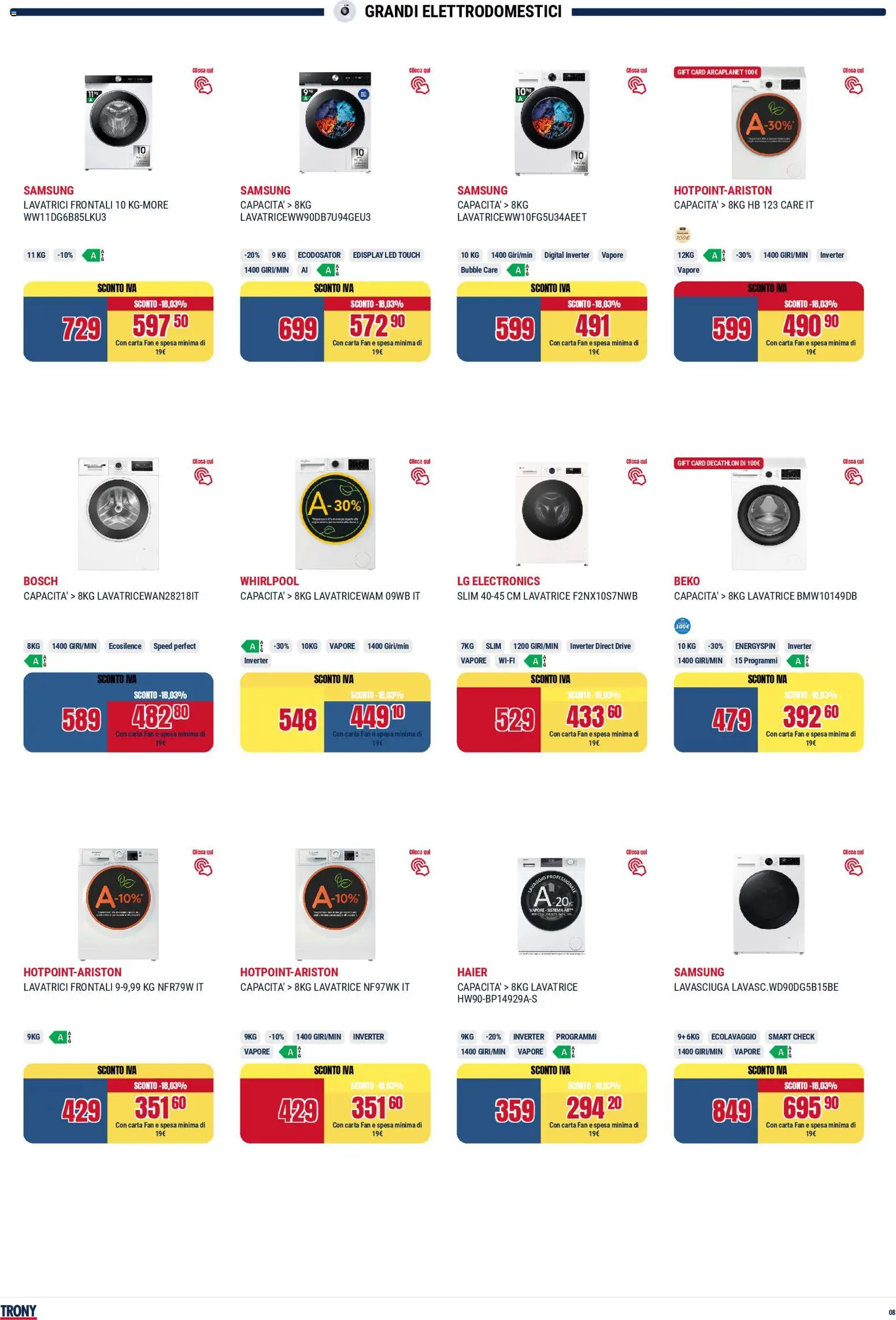 Volantino Trony del 02.04.2026 | Pagina: 8 | Prodotti: Lavasciuga, Lavatrice, Fan, Samsung