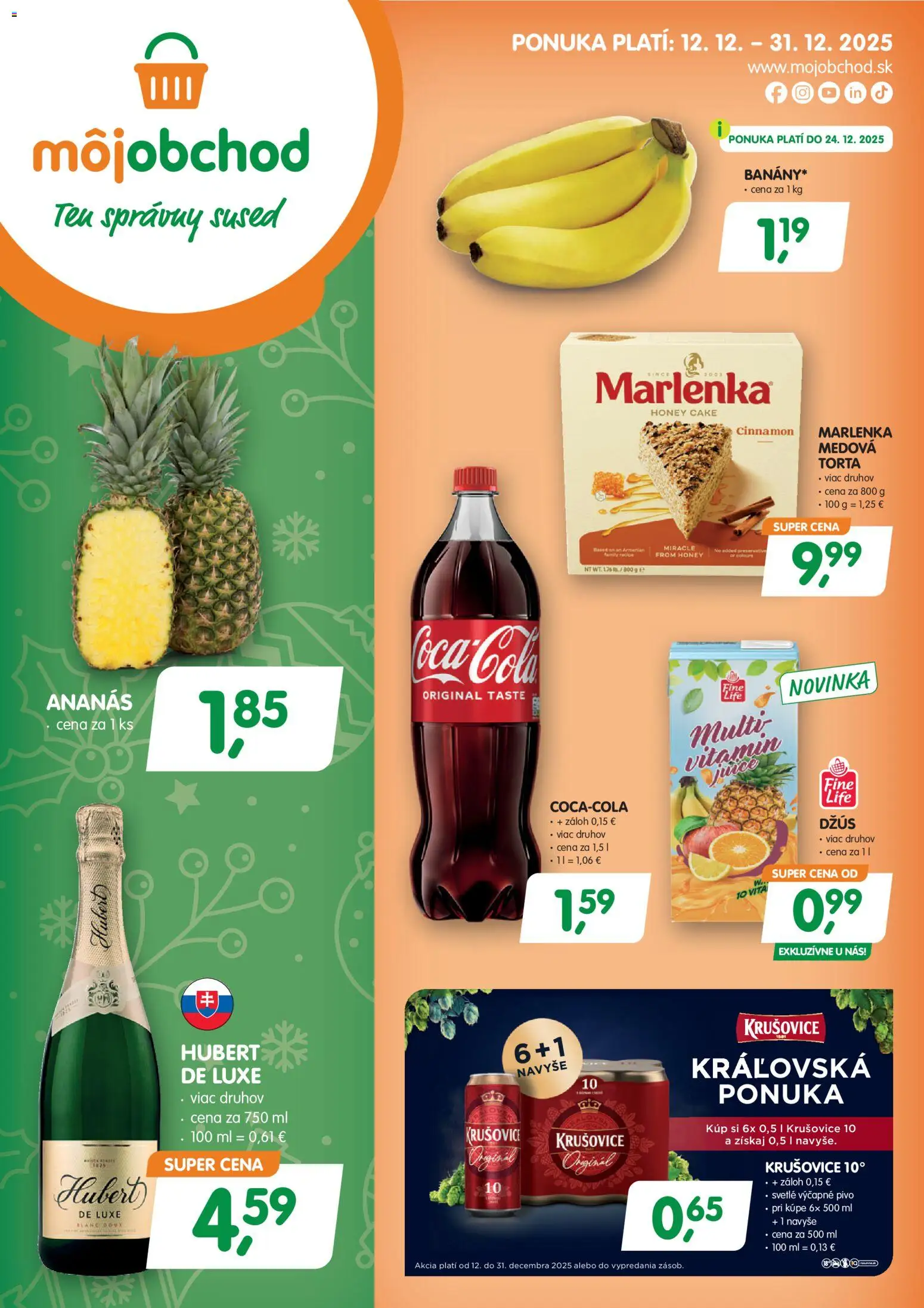 Nové Môj obchod akcie – leták je platný od 12.12.2025 | Strana: 1 | Produkty: Pivo, Torta, Krušovice, Marlenka