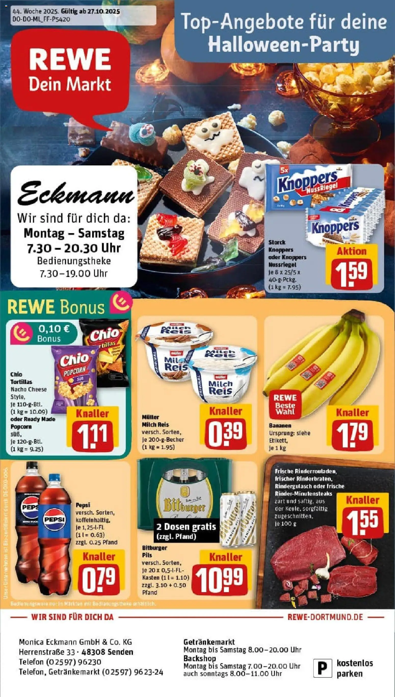 Rewe prospekt Senden	 – gültig ab 26.10.2025 | Seite: 1 | Produkte: Rindergulasch, Knoppers, Reis, Uhr