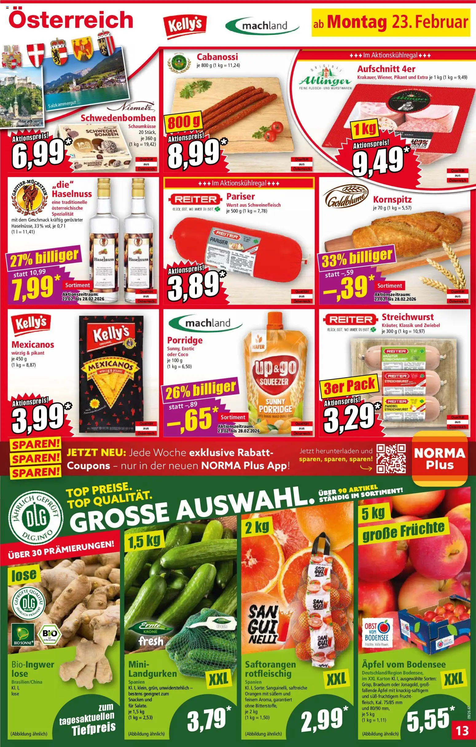 Norma Flugblatt gültig ab 23.02.2026 | Seite: 13 | Produkte: Obst, Wurst, Äpfel, Orangen