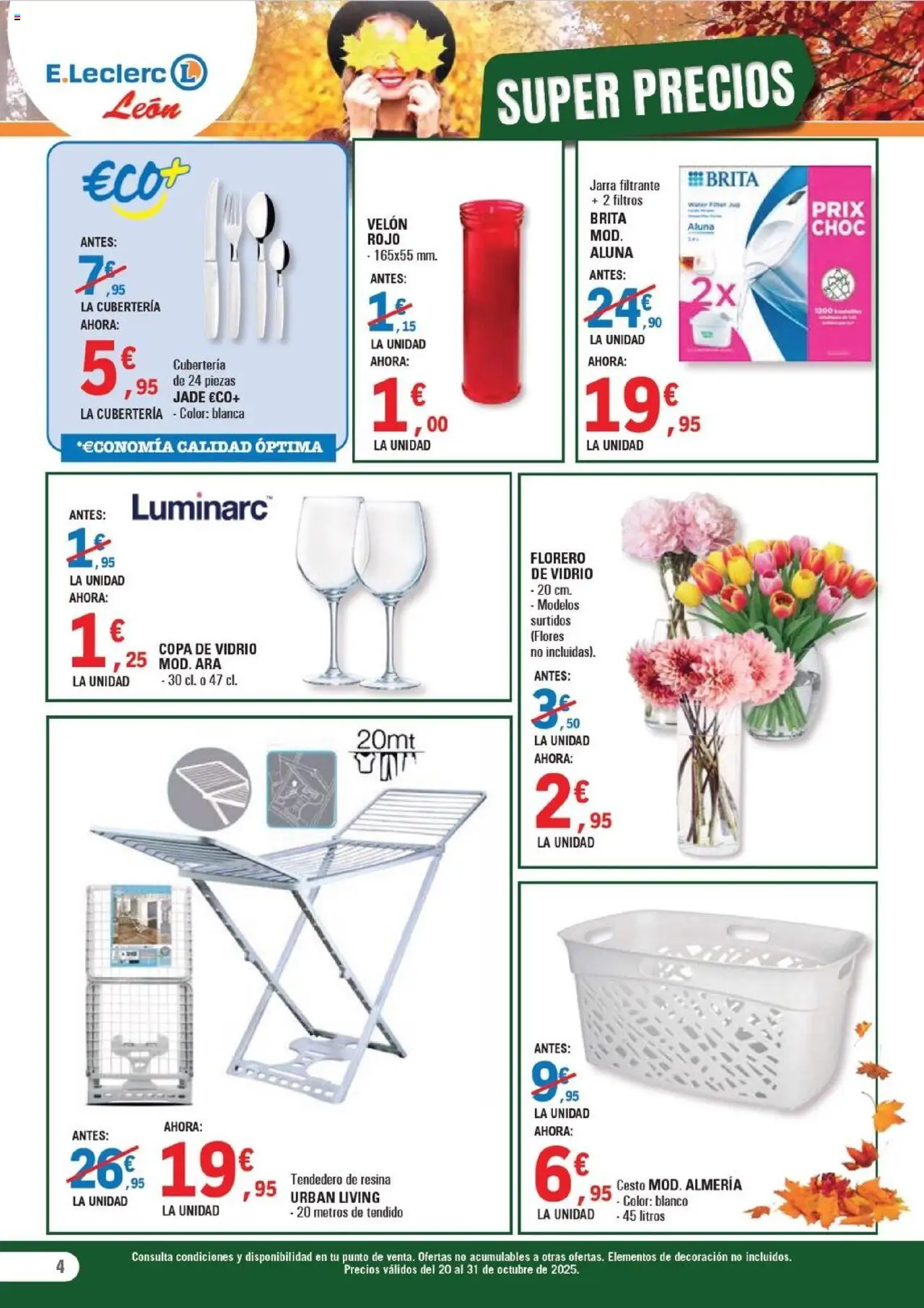 E.Leclerc folleto │ válido desde el 20.10.2025 | Página: 4 | Productos: Tendedero, Florero, Cubertería