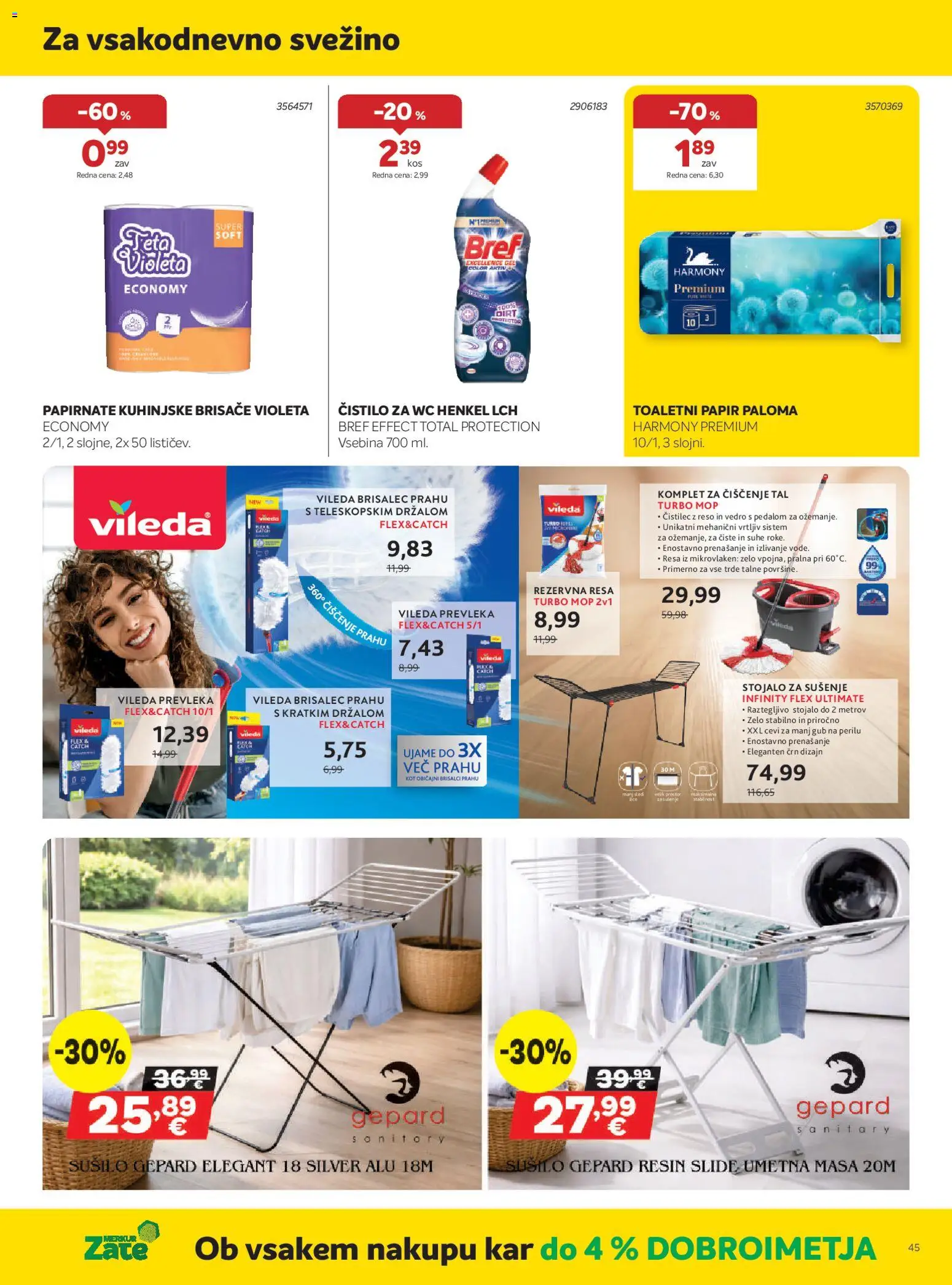 Novi Merkur katalog ponudbe – veljaven od 01.04.2026 | Stran: 45 | Izdelki: Toaletni papir, Prevleka, Kuhinjske brisače, Vedro