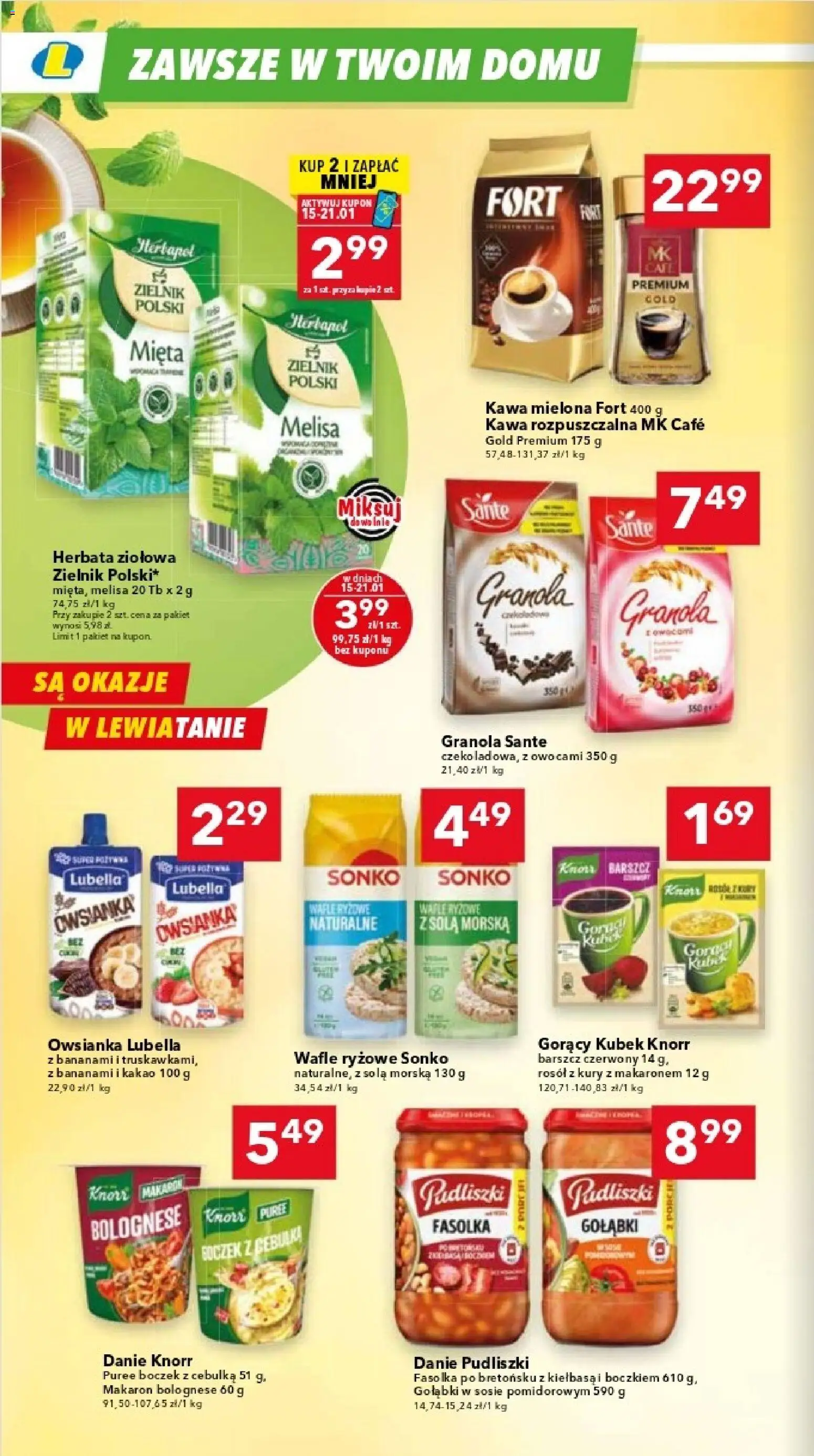 Lewiatan gazetka - Katowice od 15.01.2026 | Strona: 4 | Produkty: Kiełbasa, Barszcz, Kawa rozpuszczalna, Wafle ryżowe