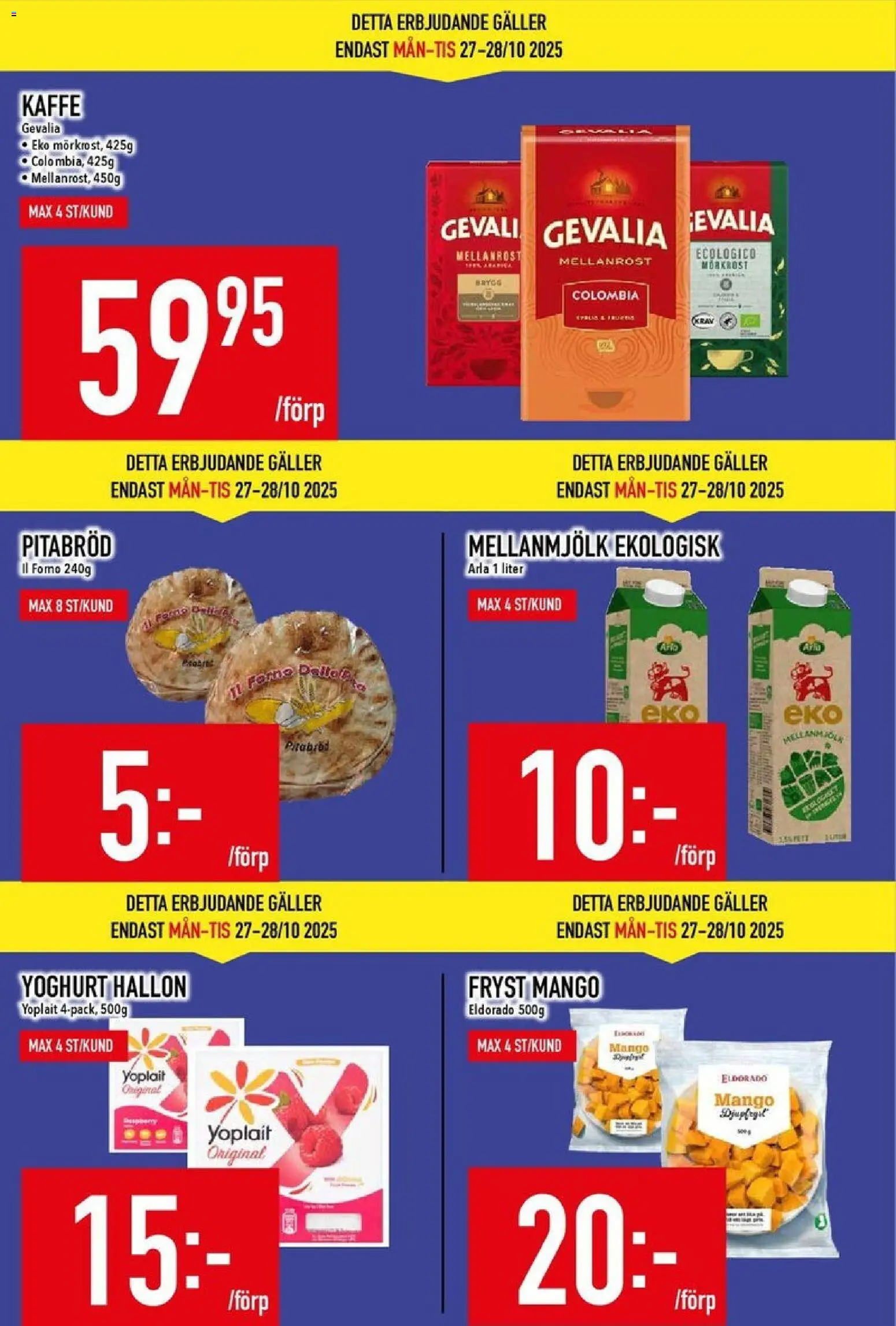 Matdax reklamblad aktuell från 27.10.2025 | Sida: 2 | Produkter: Pitabröd, Kaffe, Mango, Hallon