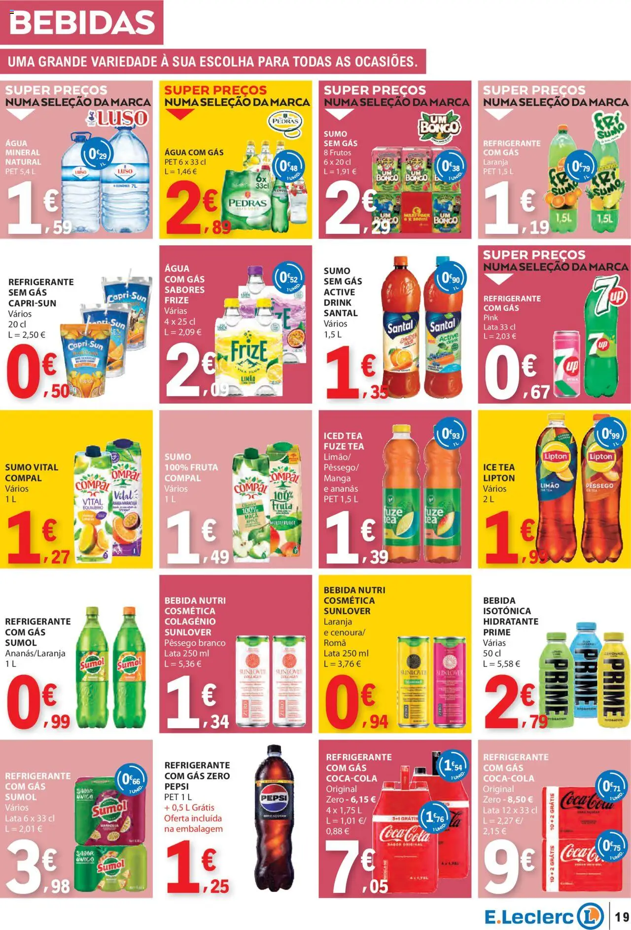 E.Leclerc folheto │ válido de 16.10.2025 | Página: 19 | Produtos: Agua, Refrigerante, Sumo, Água com gás