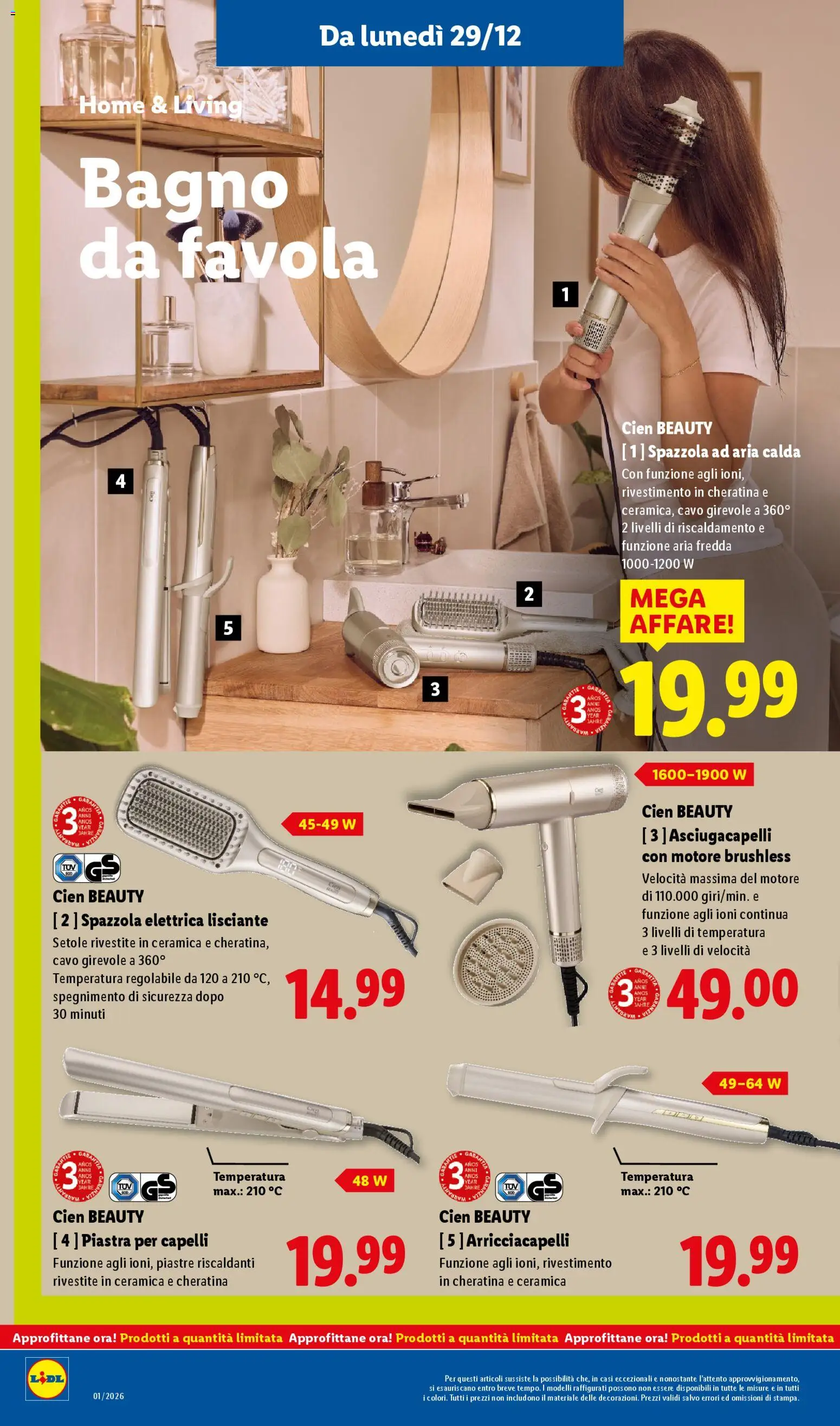 Volantino Lidl del 29.12.2025 | Pagina: 32 | Prodotti: Arricciacapelli, Cavo, Asciugacapelli, Piastra per capelli