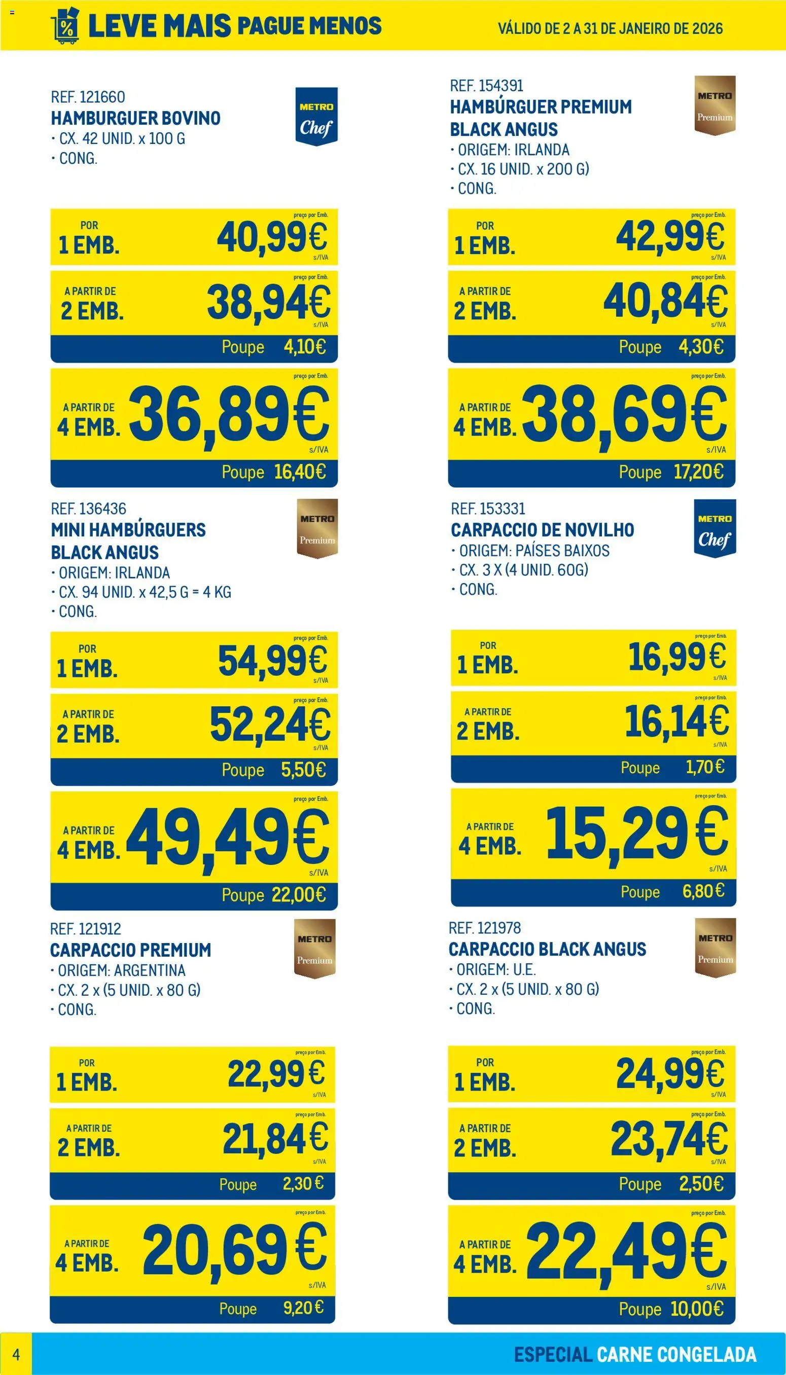 Makro Leve Mais Pague Menos - Carne Congelada │ válido de 02.01.2026 | Página: 4 | Produtos: Hambúrguer, Carpaccio de novilho, Carne