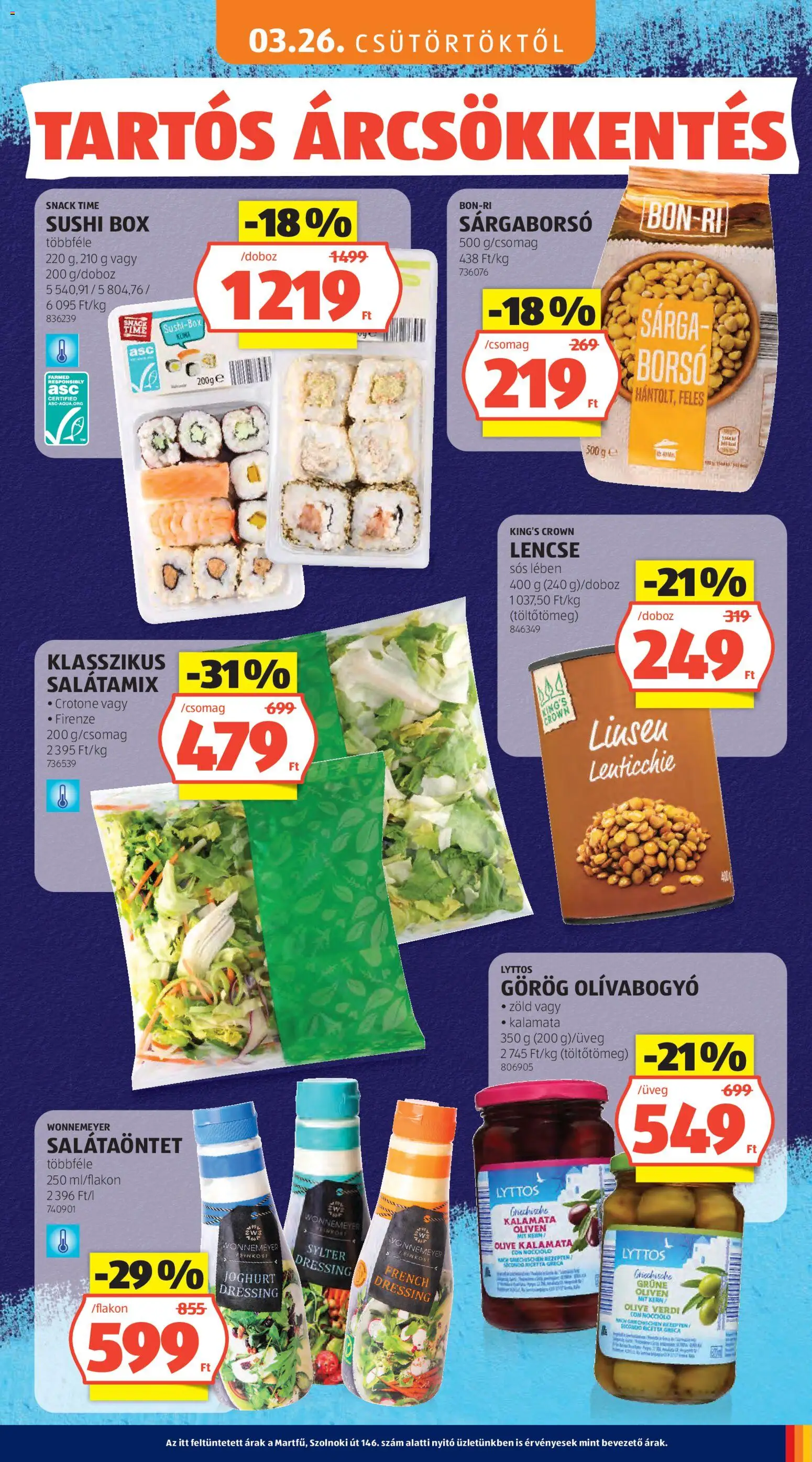 Aldi akciós ujság - amely érvényes a következő dátumtól: 16.04.2026 | Oldal: 5 | Termékek: Sushi, Joghurt, Lencse, Olívabogyó