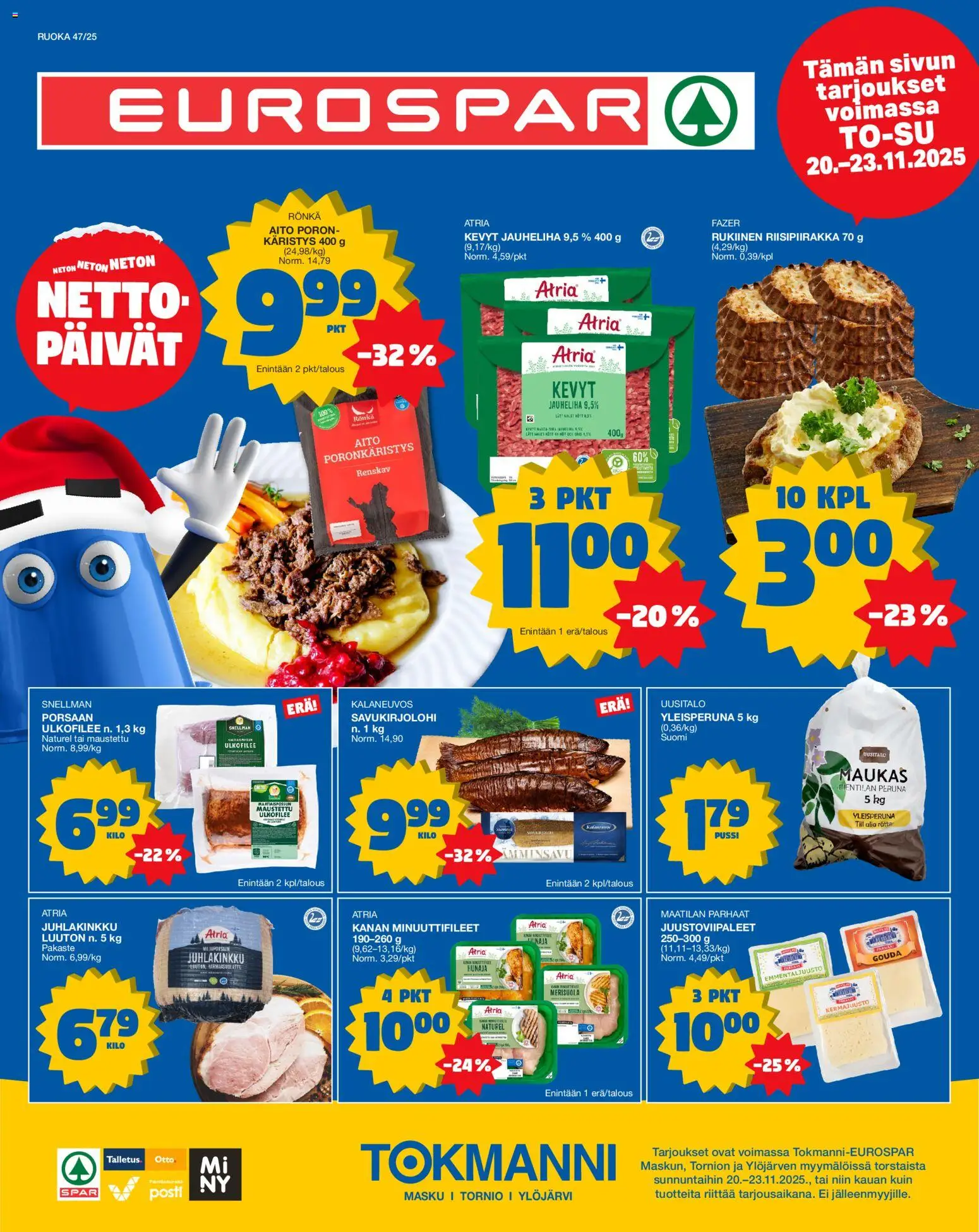 Tokmanni - EUROSPAR – voimassa 20.11.2025 alkaen | Sivu: 1 | Tuotteet: Jauheliha, Kermajuusto, Peruna, Hunaja