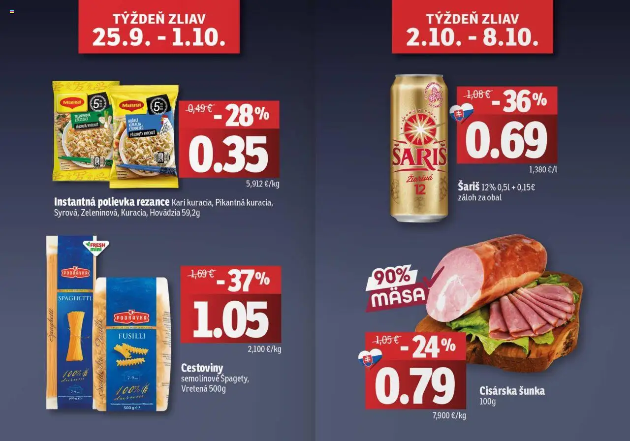 Nové Fresh akcie – leták je platný od 25.09.2025 | Strana: 2 | Produkty: Fusilli, Šunka, Šariš, Rezance