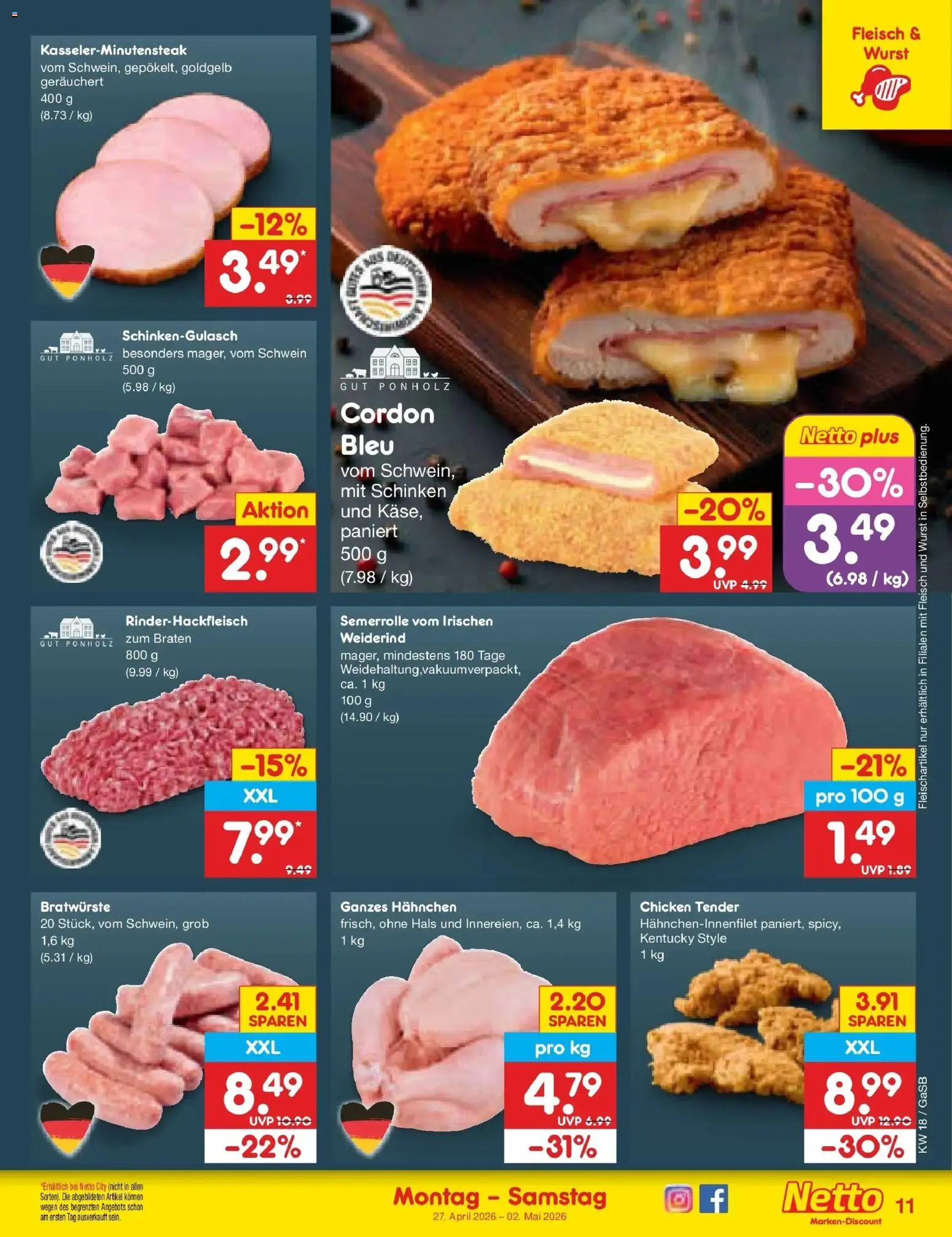 Netto Marken-Discount Prospekt Bremen-Lesum	 – gültig ab 27.04.2026 | Seite: 13 | Produkte: Hahnchen, Wurst, Schinken, Fleisch
