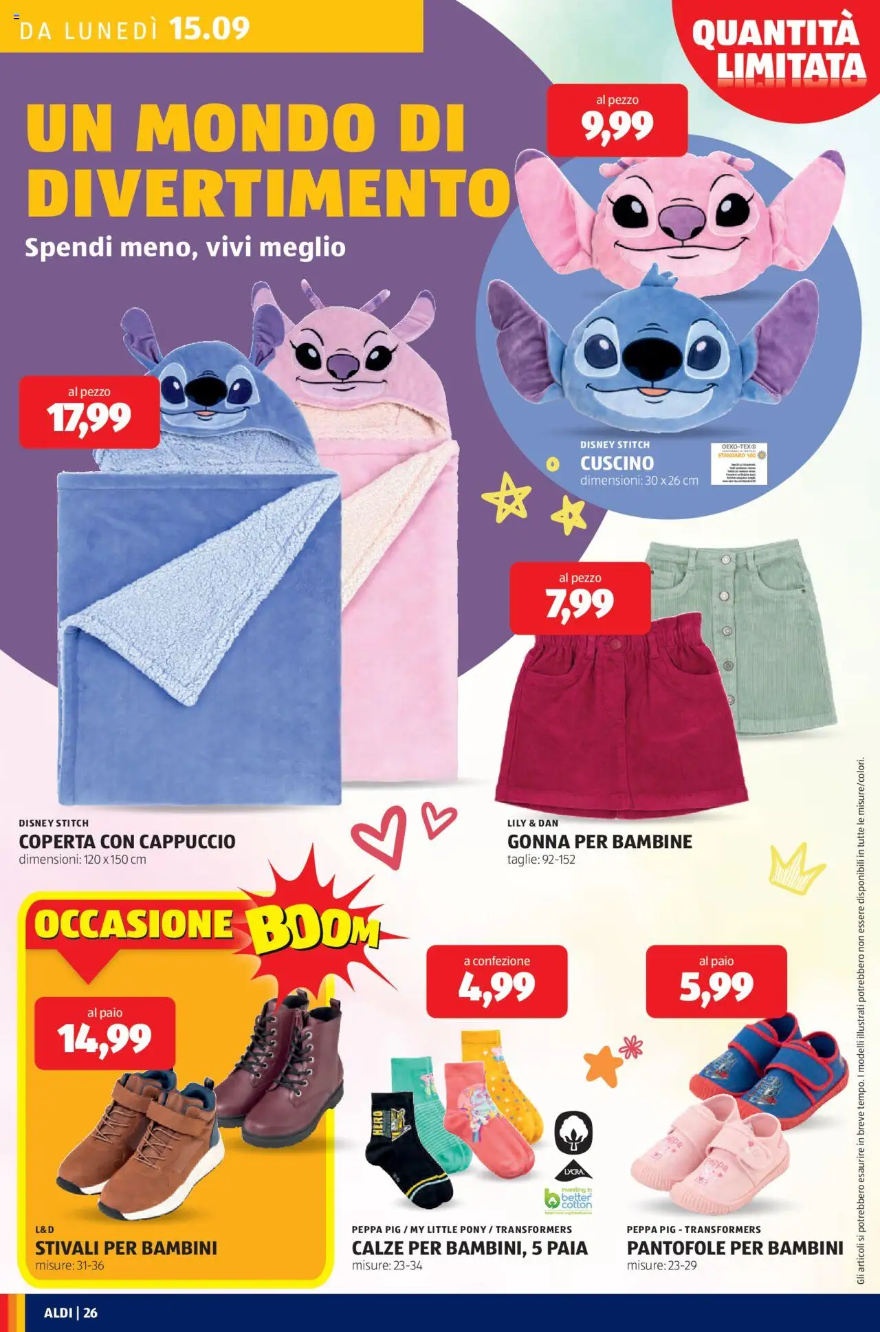 Volantino Aldi del 15.09.2025 | Pagina: 26 | Prodotti: Stivali, Pantofole, Cappuccio, Coperta