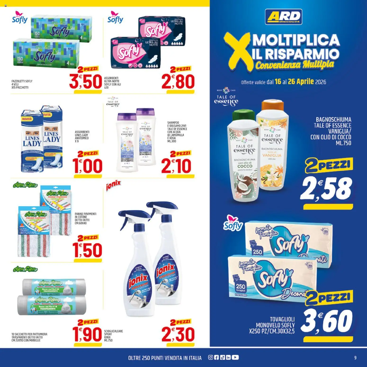 Volantino ARD Discount del 16.04.2026 | Pagina: 9 | Prodotti: Shampoo, Fazzoletti, Olio, Cocco