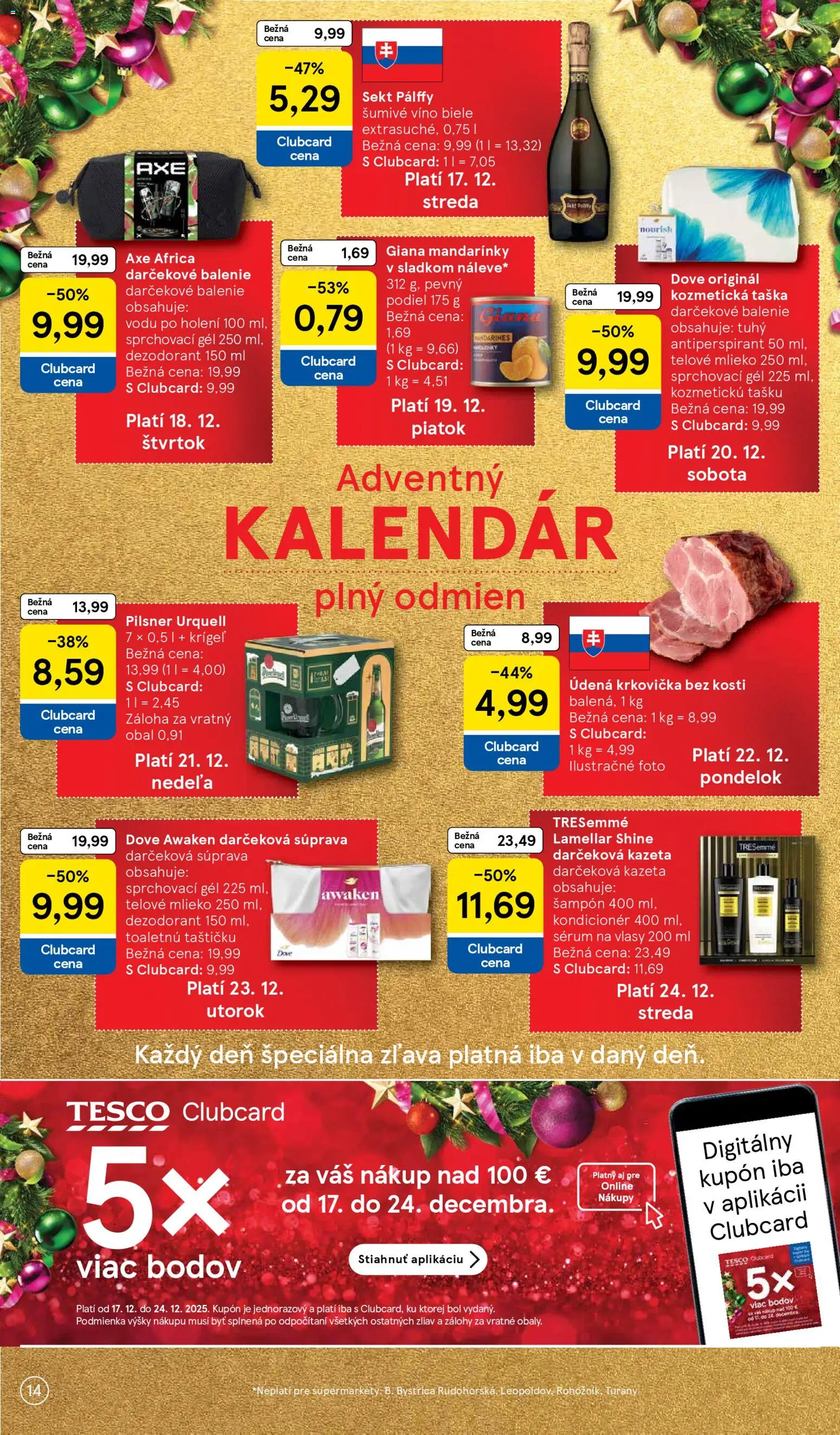 Nové Tesco akcie – leták je platný od 17.12.2025 | Strana: 14 | Produkty: Mlieko, Víno, Dezodorant, Mandarinky