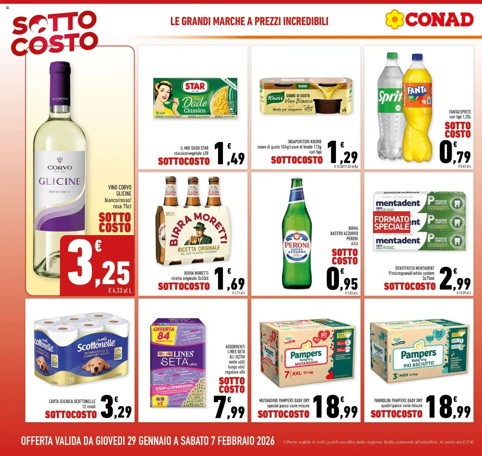 Volantino Conad del 29.01.2026 | Pagina: 4 | Prodotti: Pannolini, Dentifricio, Birra Moretti, Fanta