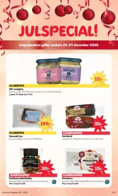 Prinskorv, Garant, 240g, köttmängd 74%, jfr-pris 62,50/kg, Max 3 köp/hushåll - Förhandsvisning av reklamblad från butik Hemköp aktuell från 22.12.2025 | Sida: 3 | Produkter: Köttbullar, Prinskorv, Sill, Lax