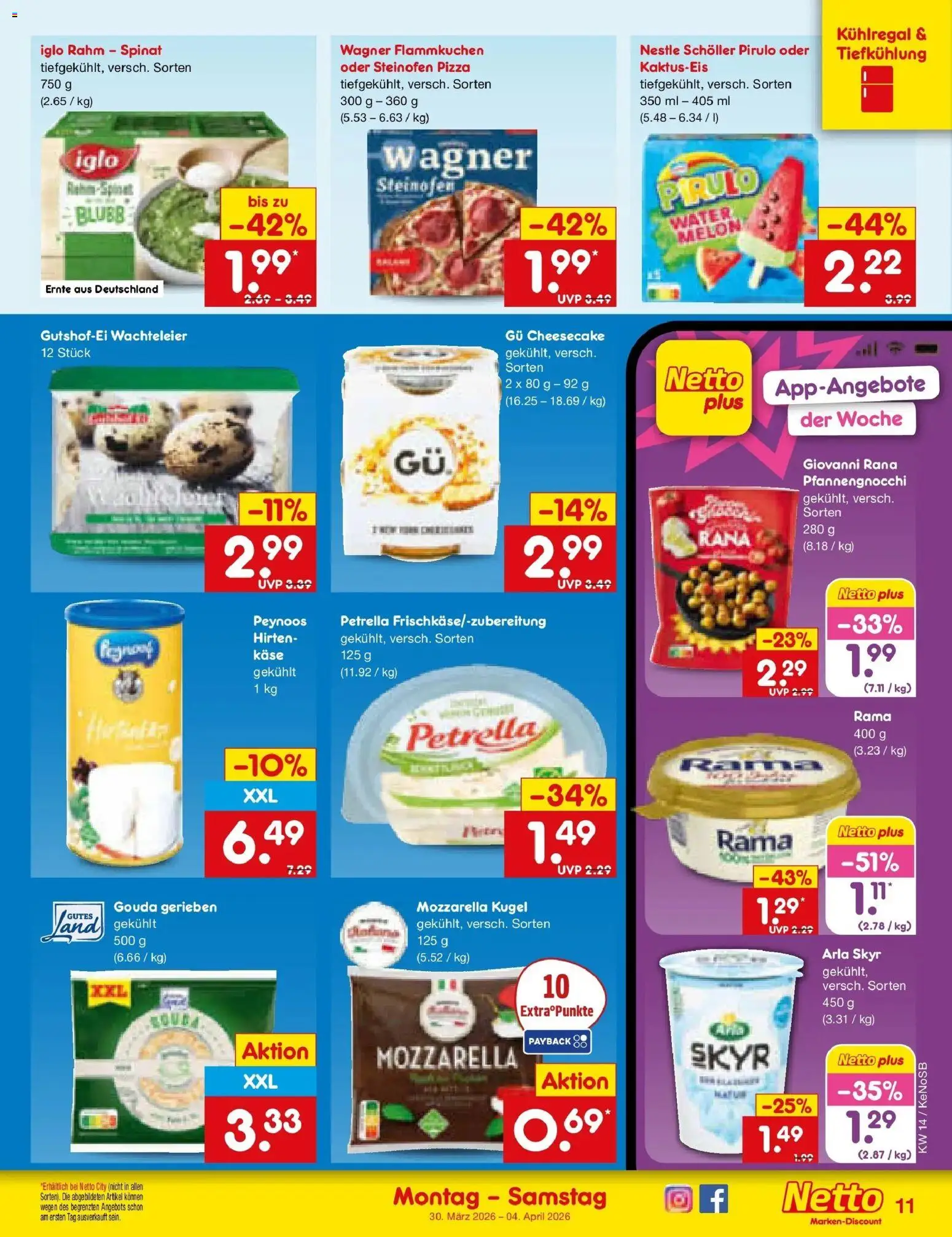 Netto Marken-Discount Prospekt Bonn	 – gültig ab 29.03.2026 | Seite: 11 | Produkte: Käse, Mozzarella, Iglo, Pizza