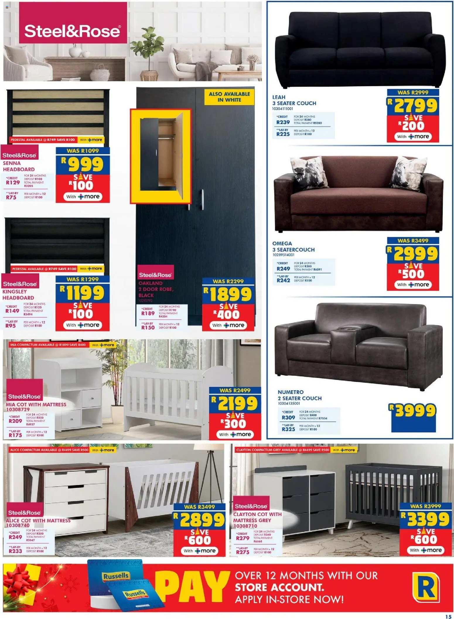 New Russells catalogue – valid from 02.12.2025 | Page: 15 | Products: Pedestal, Headboard, Mattress, Couch