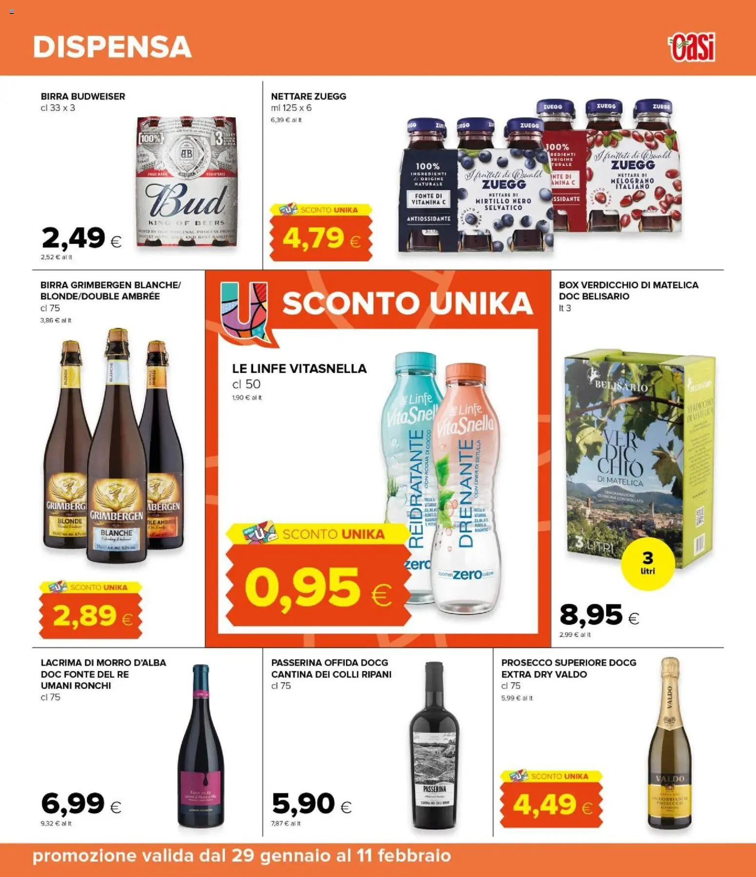 Volantino Oasi del 29.01.2026 | Pagina: 33 | Prodotti: Birra, Prosecco, Acqua, Cocco