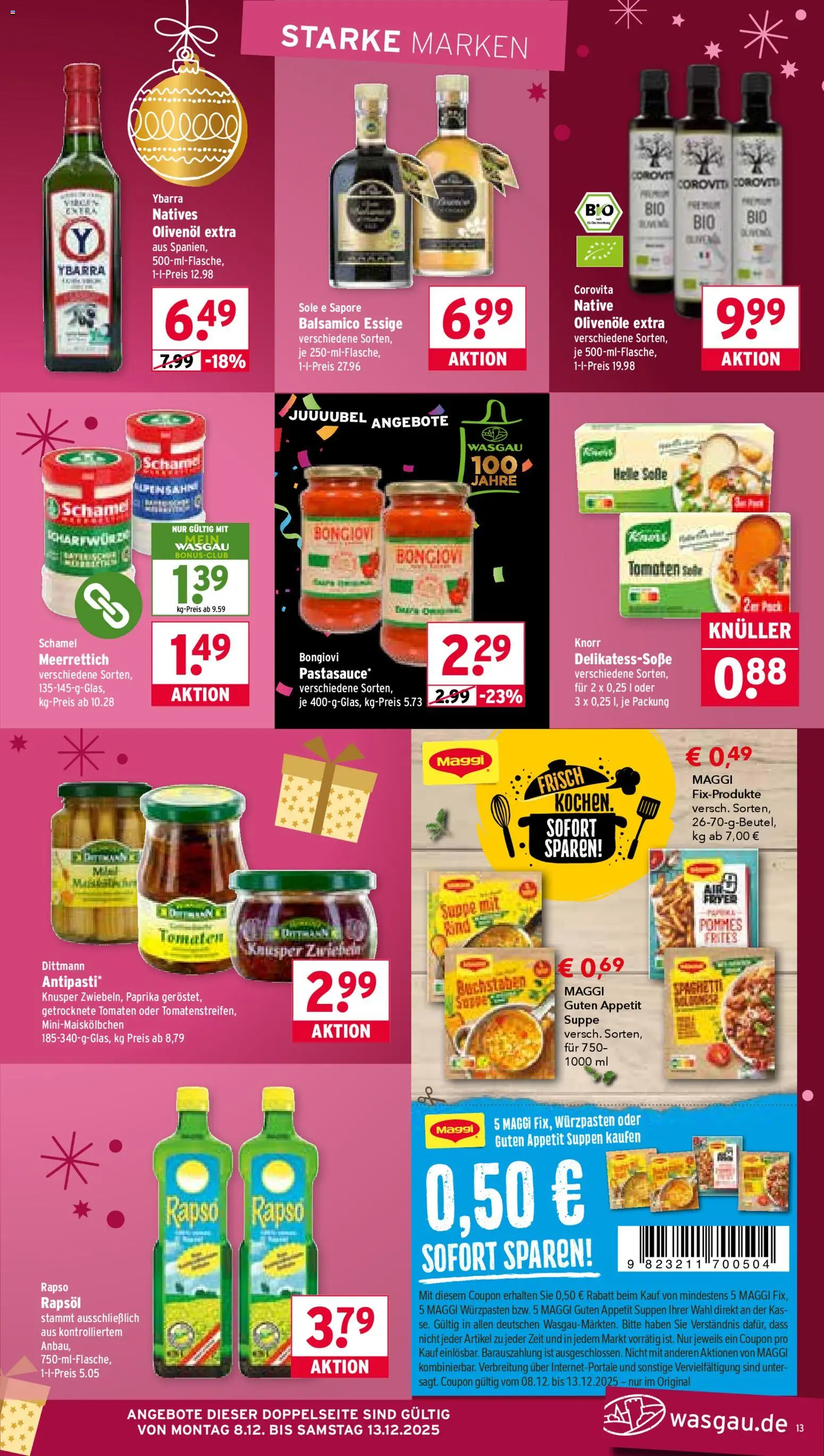 Wasgau Prospekt 	 – gültig ab 08.12.2025 | Seite: 13 | Produkte: Olivenol, Pommes, Tomaten, Knorr