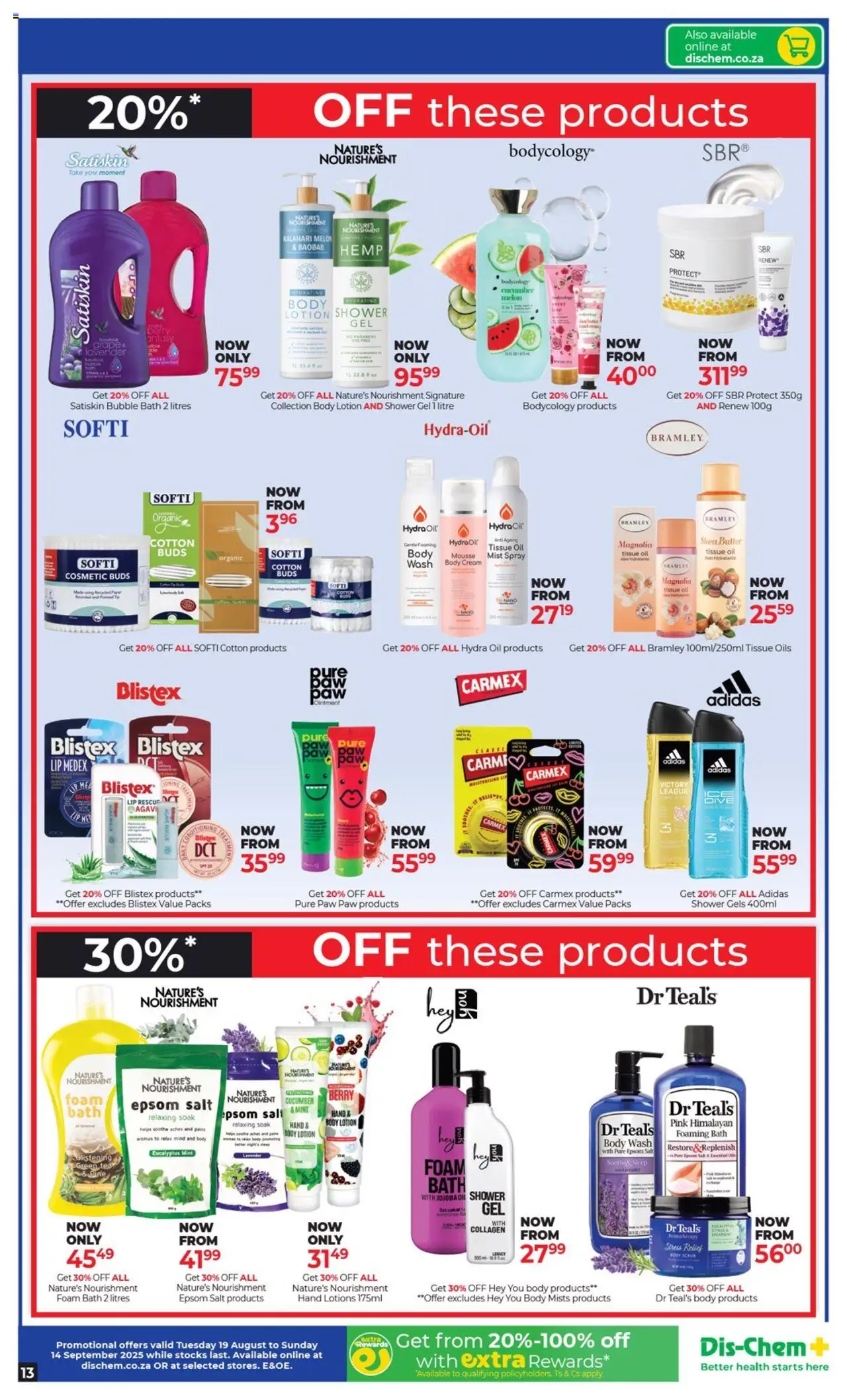 Dis-Chem Specials │ valid from 19.08.2025 | Page: 13 | Products: Bath, Body cream, Salt, Lotion