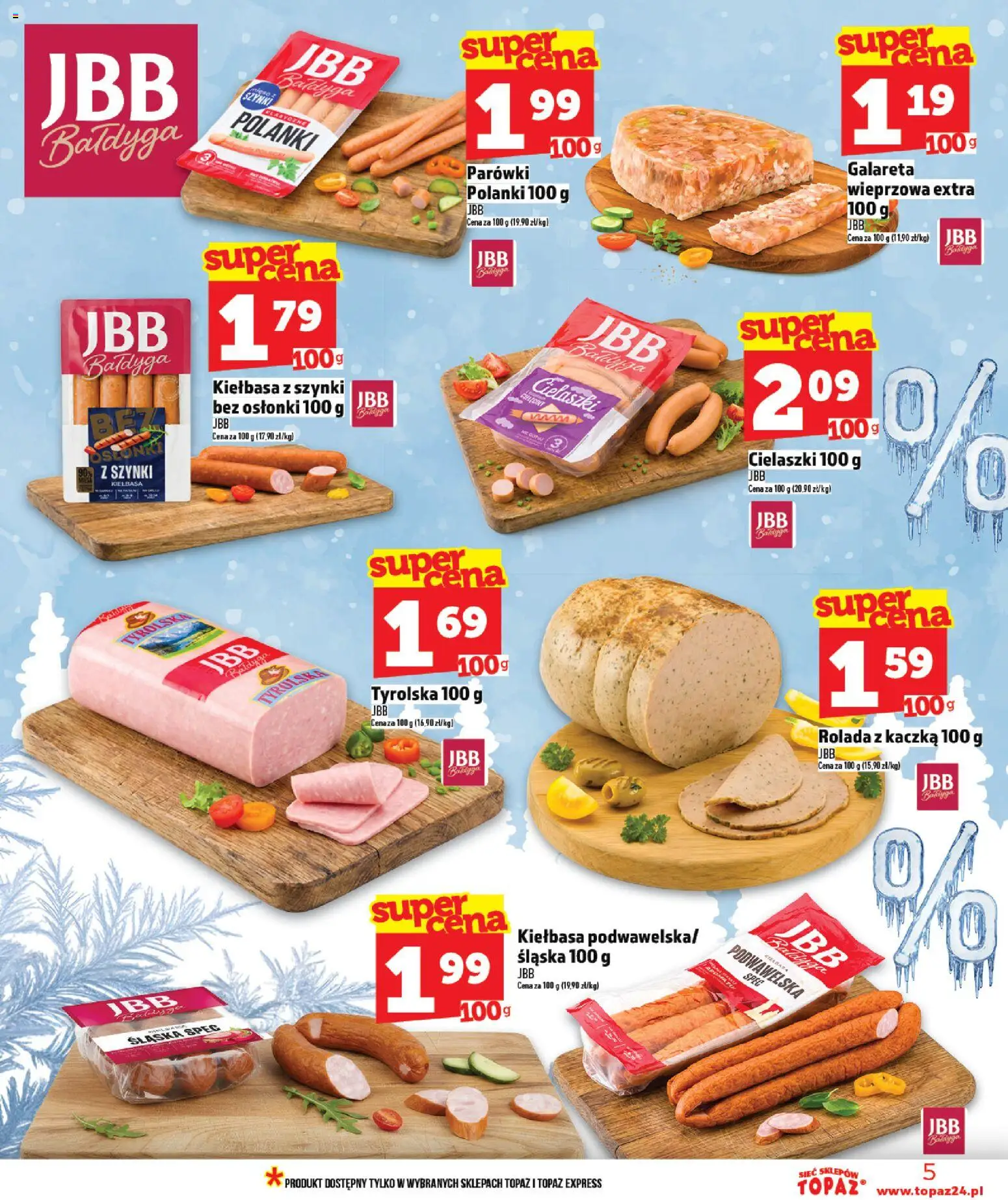 Topaz Gazetka od 22.01.2026 | Strona: 5 | Produkty: Kiełbasa, Rolada, Kaczka, Parówki