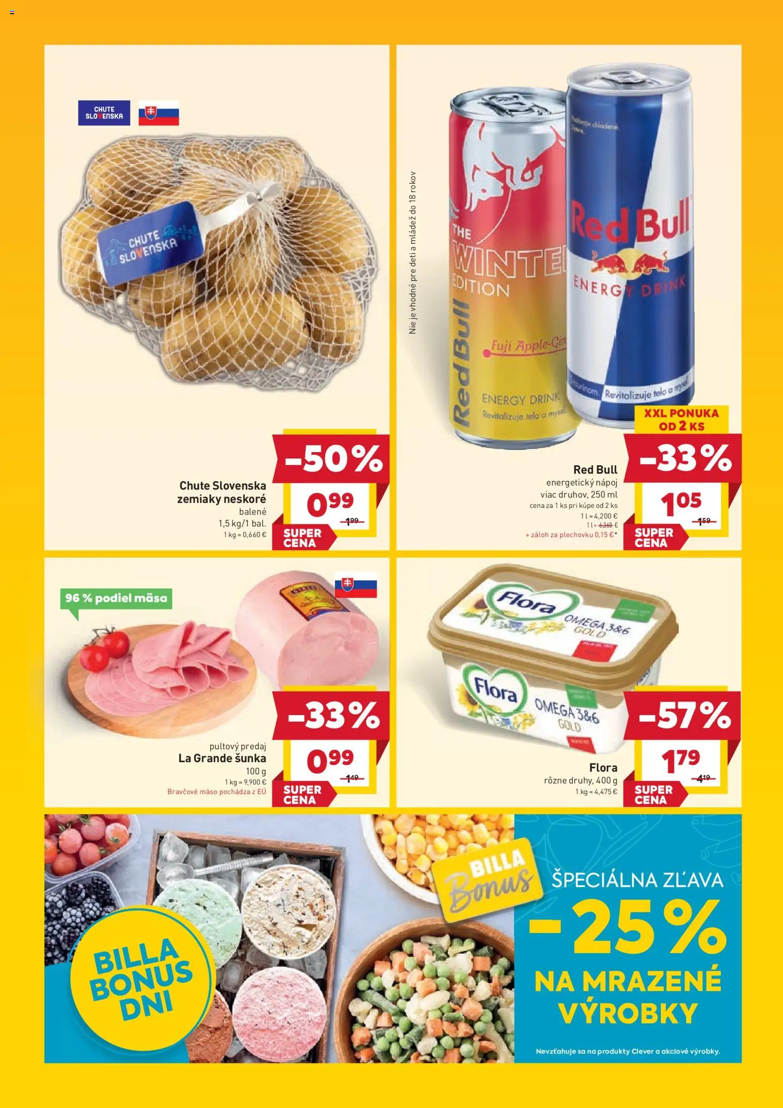 Nové Billa akcie – leták je platný od 03.12.2025 | Strana: 4 | Produkty: Šunka, Red Bull, Flora, Energetický nápoj