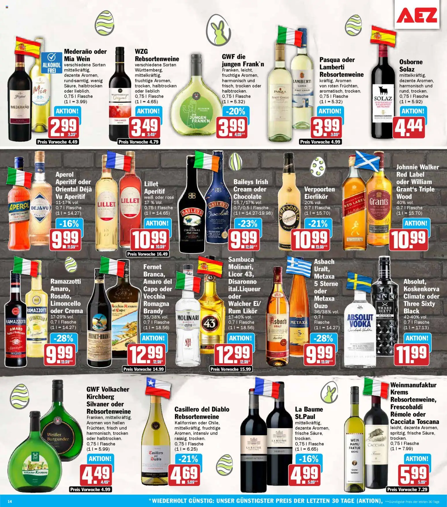 AEZ Prospekt 	 – gültig ab 30.03.2026 | Seite: 14 | Produkte: Ouzo, Merlot, Limoncello, Johnnie walker