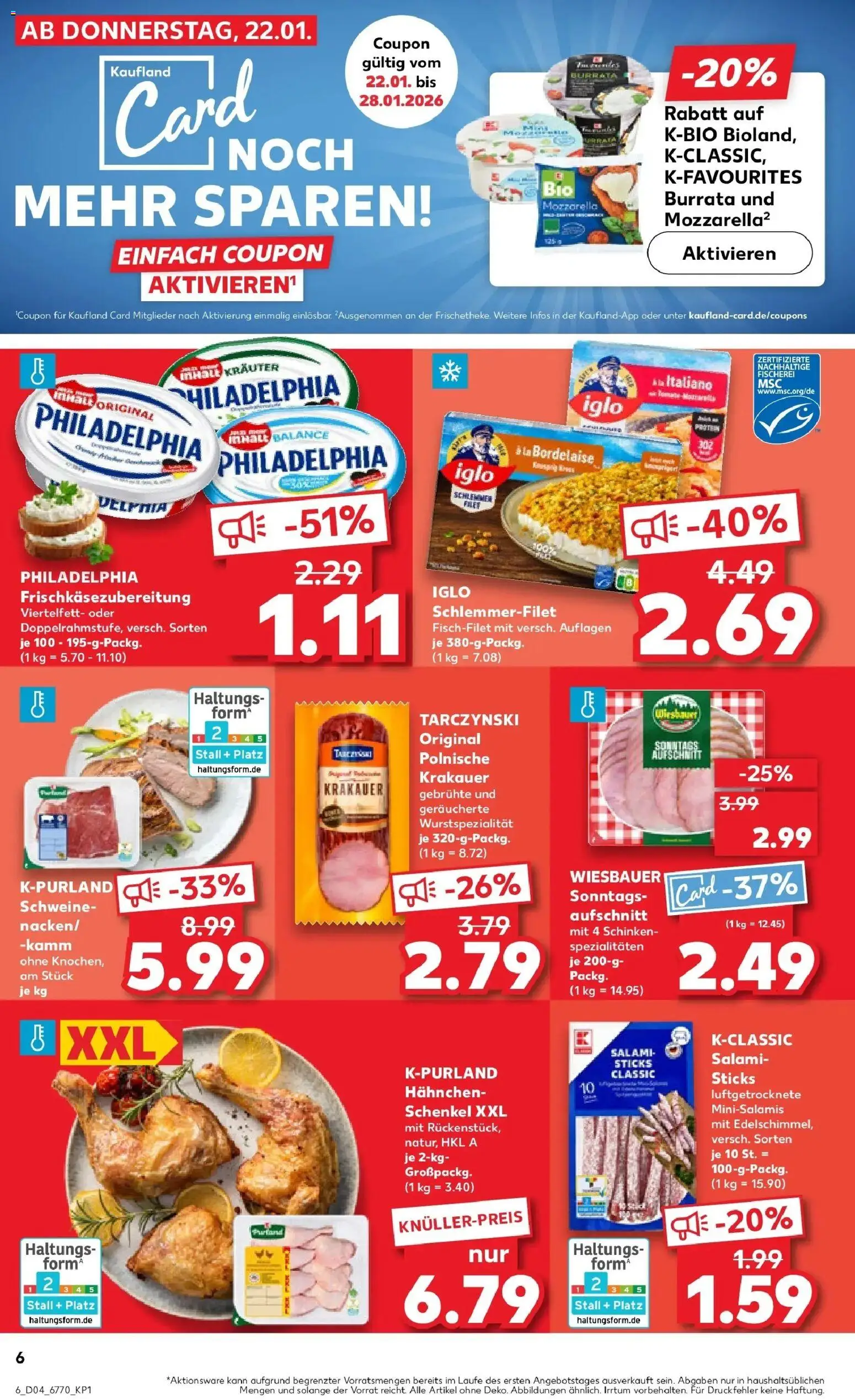 Kaufland prospekt Wesel	 – gültig ab 22.01.2026 | Seite: 6 | Produkte: Hahnchen, Philadelphia, Mozzarella, Iglo