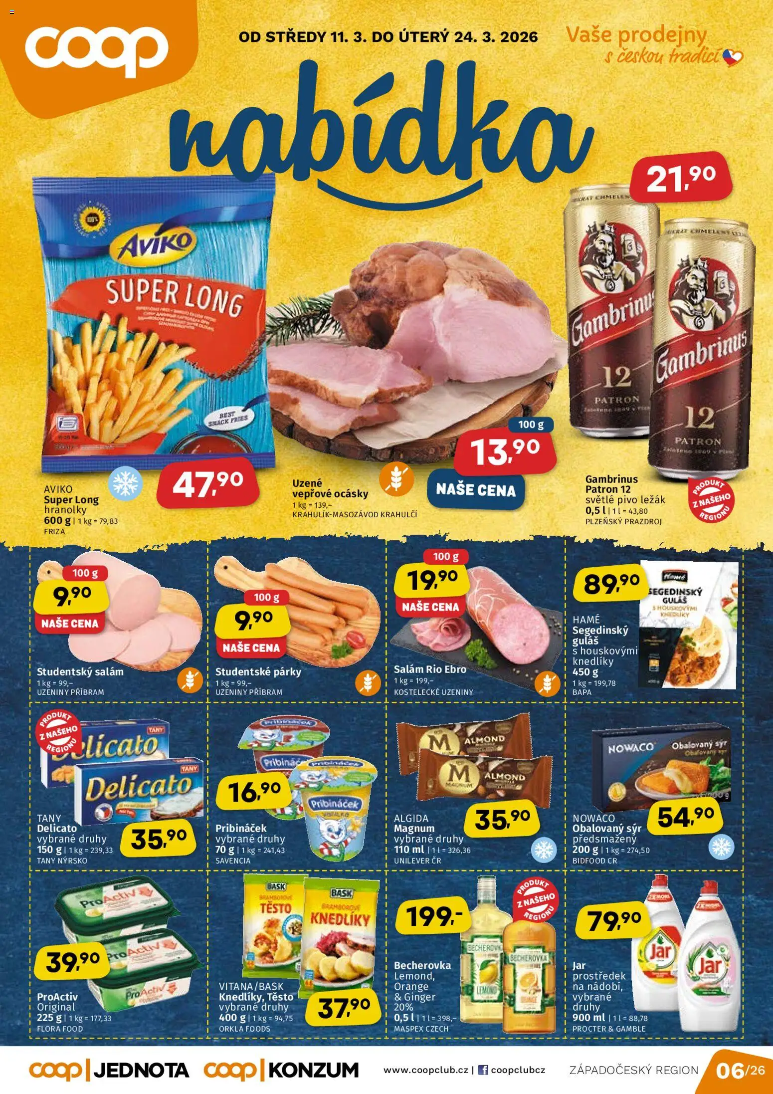 Coop leták od 11.03.2026 | Strana: 1 | Produkty: Sýr, Pribináček, Guláš, Becherovka
