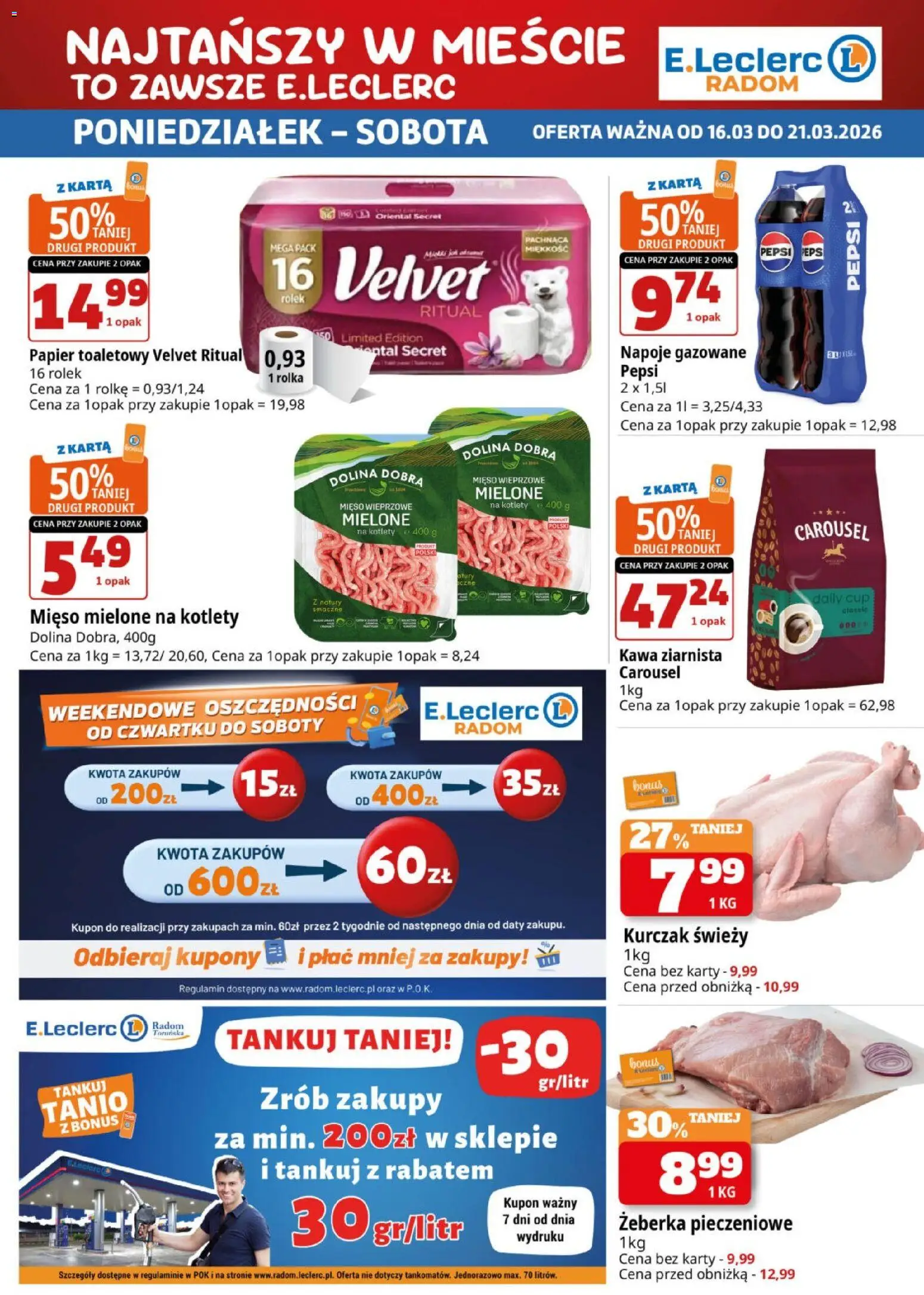 E.Leclerc gazetka - Radom od 16.03.2026 | Strona: 1 | Produkty: Papier toaletowy, Napoje, Pepsi, Mięso mielone