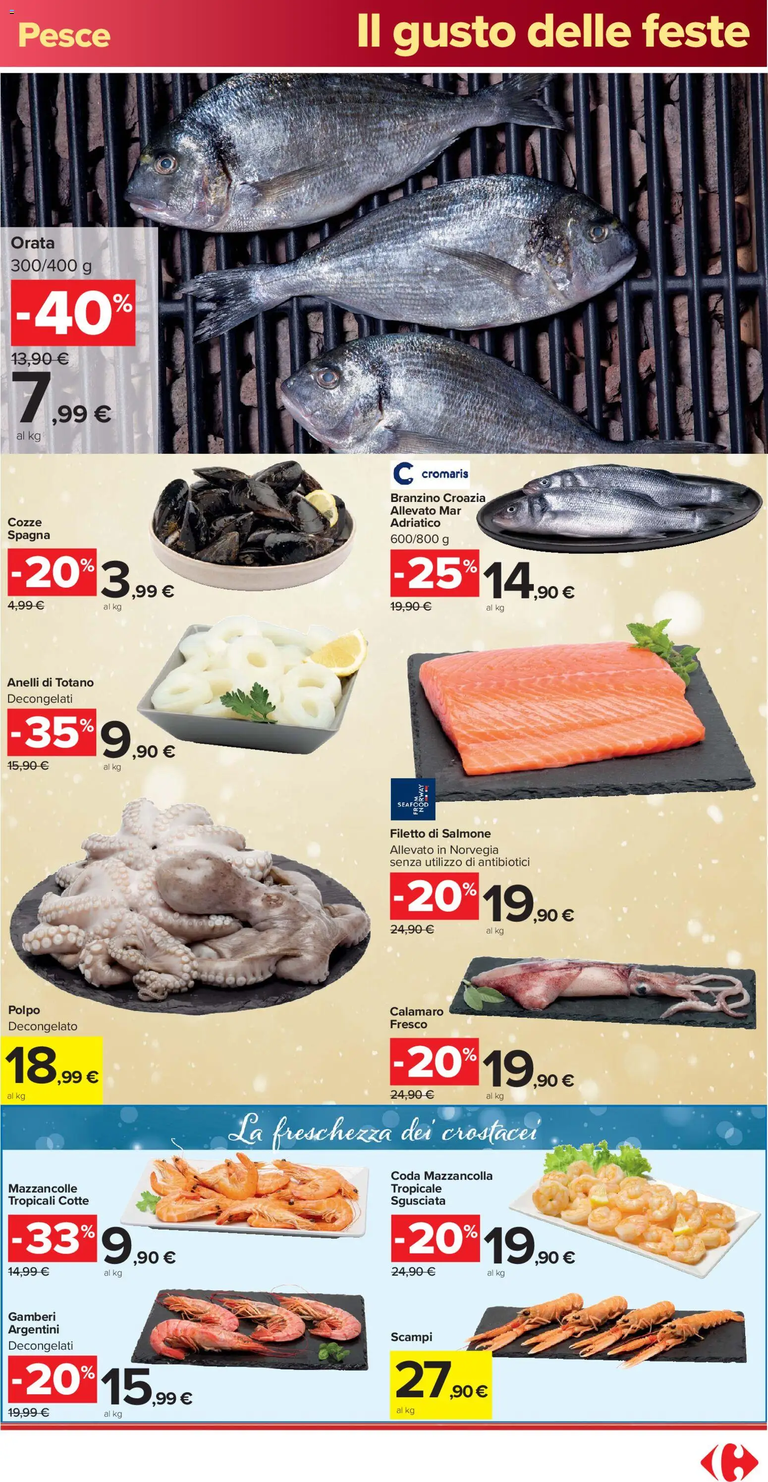 Volantino Carrefour del 16.12.2025 | Pagina: 15 | Prodotti: Salmone, Gamberi, Cozze, Branzino