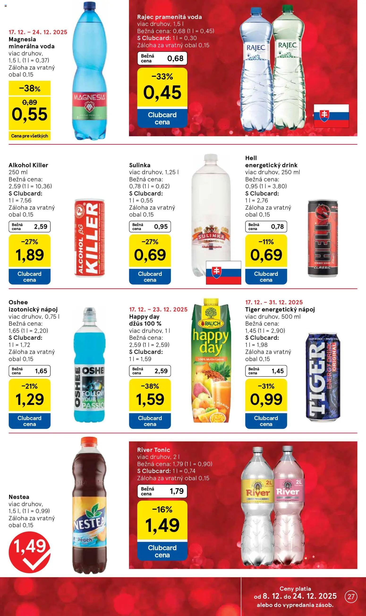 Nové Tesco akcie – leták je platný od 17.12.2025 | Strana: 27 | Produkty: Rajec, Magnesia, Voda, Alkohol