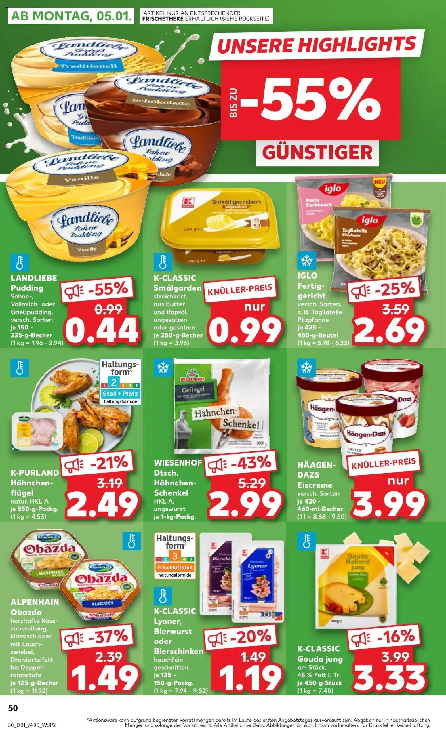 Kaufland prospekt Staßfurt	 – gültig ab 05.01.2026 | Seite: 2 | Produkte: Hahnchen, Gouda, Eiscreme, Sahne