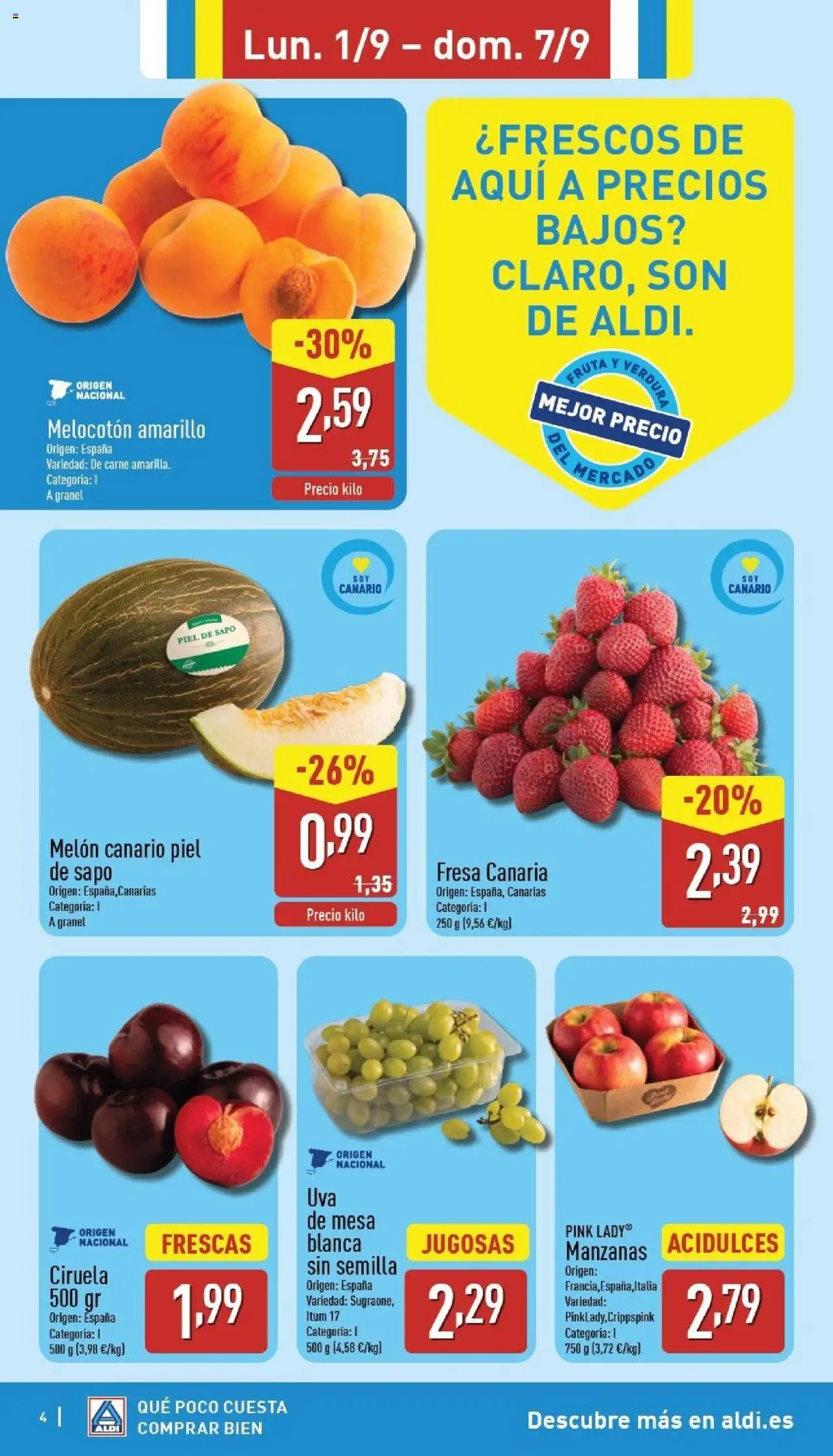 Aldi folleto Canarias │ válido desde el 01.09.2025 | Página: 4 | Productos: Manzanas, Apple, Melocotón amarillo, Mesa
